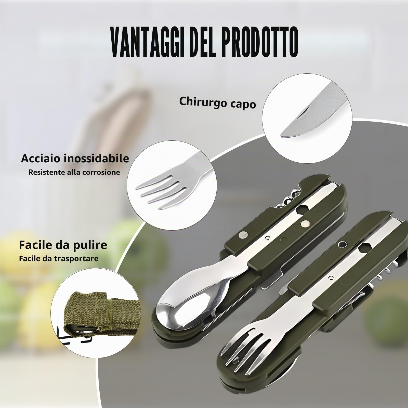 Set di posate pieghevoli 5 in 1, ideale per campeggio e pic-nic