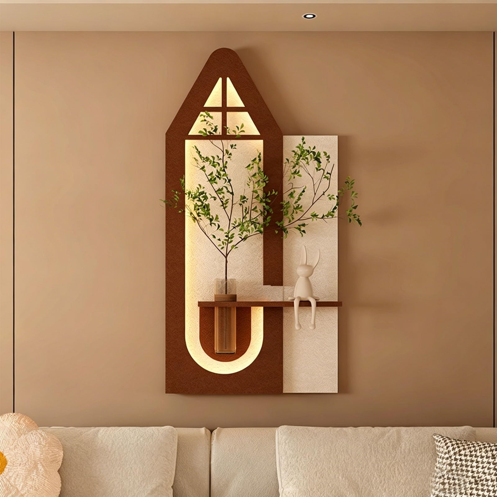 KEIFCUACLA Handcrafted Sandstone Wall Decor: Modern 3D Art Piece (Featuring LED Lighting and Faux Greenery),Suitable for Vertical Display in Living Rooms and Offices(Brown,70 * 140cm/27.6 * 55.1in)