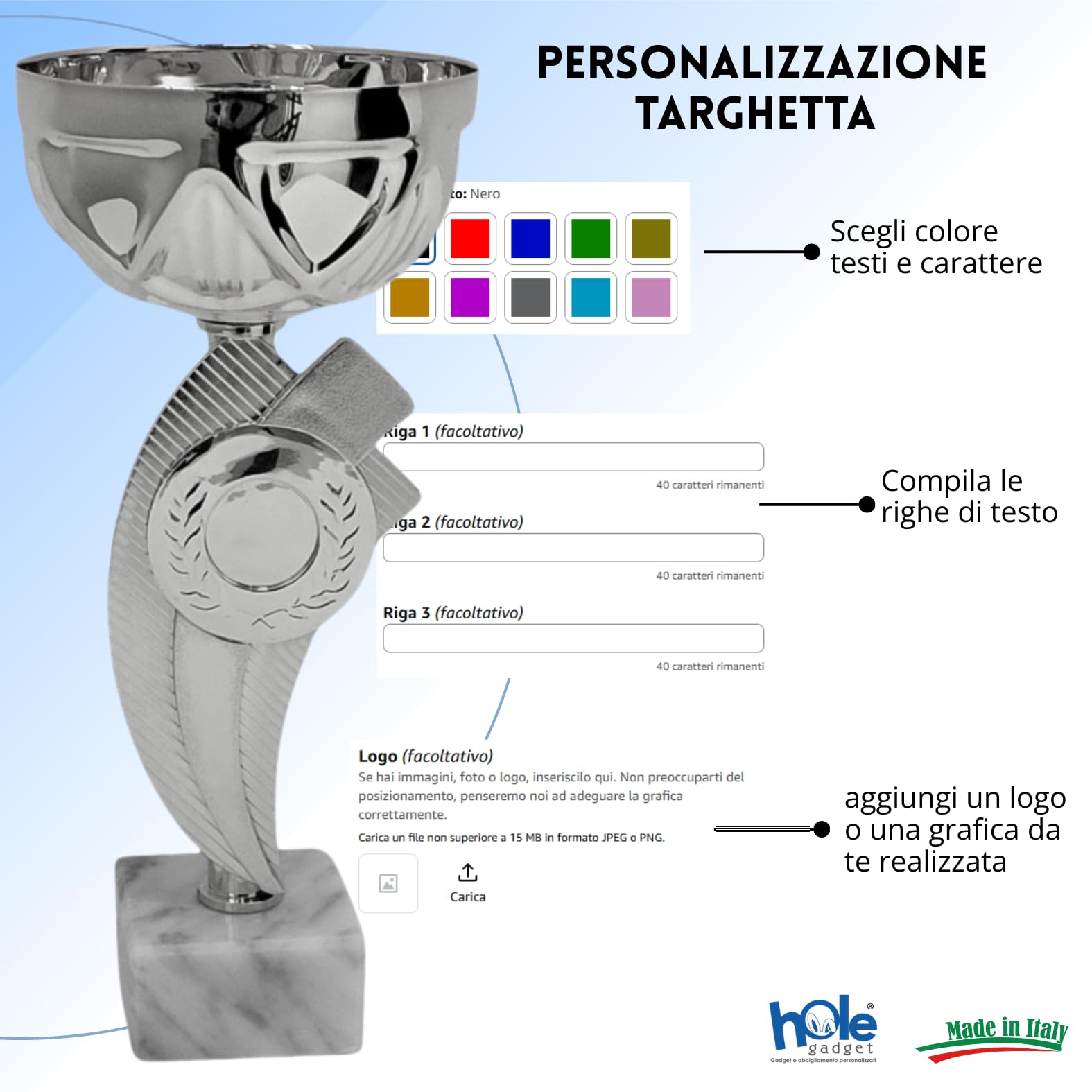 Coppa Trofeo Personalizzabile 24, 23, 22, 21 cm Singolo o Set Tutti Gli Sport, Calcio, Calcettto, Tennis, Basket, Padel, Fantacalcio, Premiazioni cod 13.211