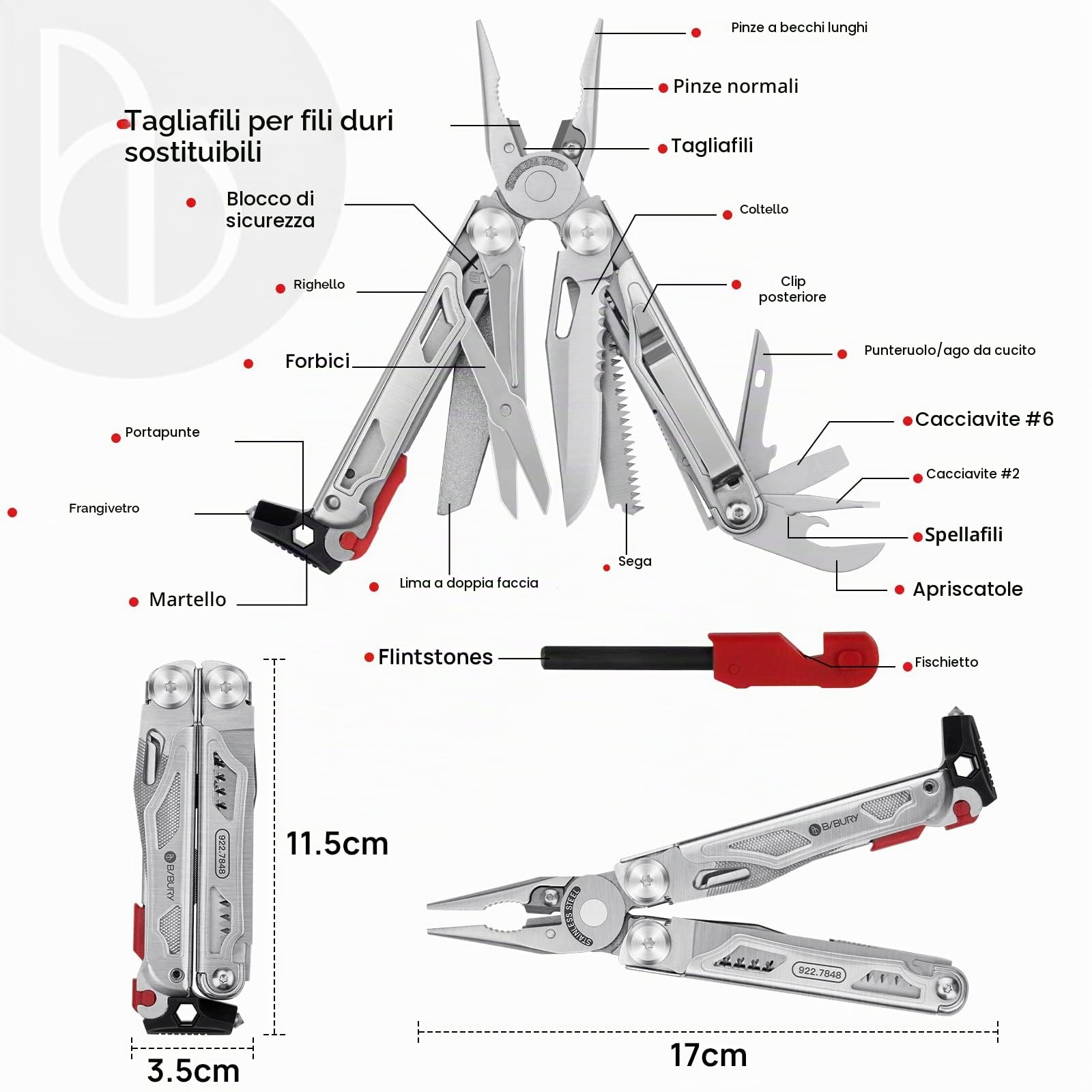 BIBURY Pinza Multiuso,22 in 1 Pinza Multifunzione in Acciaio Inox, Pieghevole con Forbici Potenziati e Martello,Utensile Multifunzione con Serrature di Sicurezza per Esterno,Campeggio,Emergenza