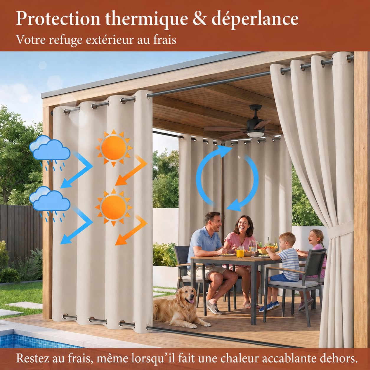 Rideaux d'extérieur imperméables avec œillets, 213 x 132 cm, parfaits pour jardin, balcon, terrasse, protection de l'intimité – Rideaux élégants toutes saisons pour terrasse et extérieur
