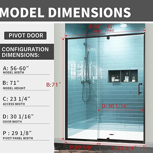 Miniatura 3 de Puerta de ducha deslizante de vidrio pivote semimarco, de 56-60 pulgadas de ancho x 71 pulgadas de alto, puerta de ducha pivote con vidrio templado