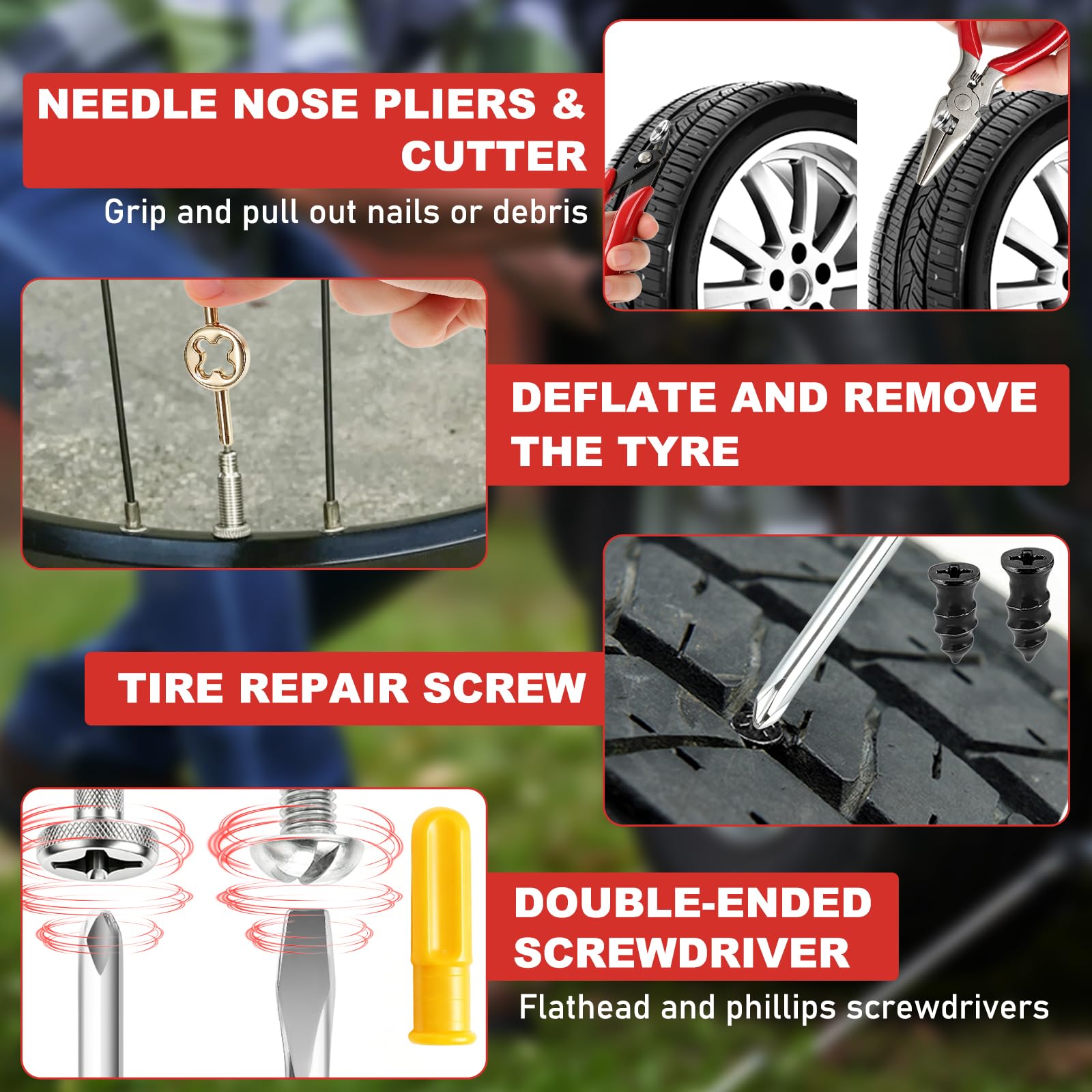 Kit de reparación de neumáticos planos, kit de 78 tapones de neumáticos con compresor de aire portátil, kit de parche de neumáticos con tapón de neumático y soluciones de clavos de goma, kit de