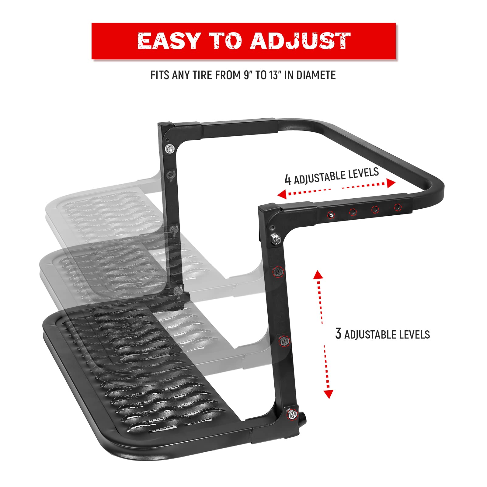 AA Products Folding Heavy Duty Tire Steps for Pickup Truck, SUV and RVs Adjustable Tire Mounted Auto Step Fits Any Tire from 9'' to 13'', Rated up to 300 lbs