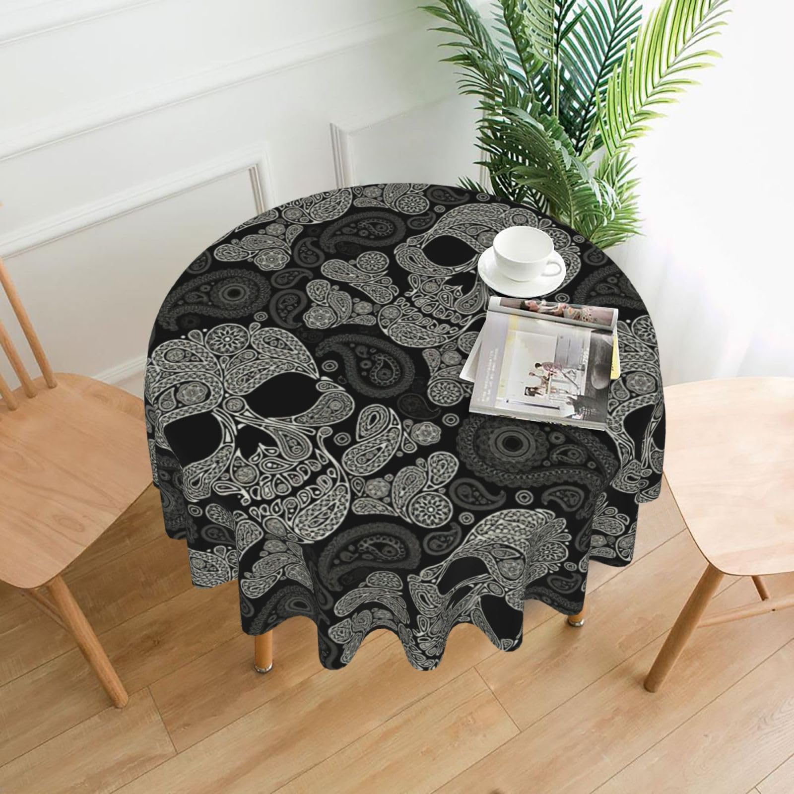 Uusnwaa Skull Print Round Tablecloth 60 Inch, Stain Wrinkle Resistant Washable Polyester Table Cover For Kitchen Party
