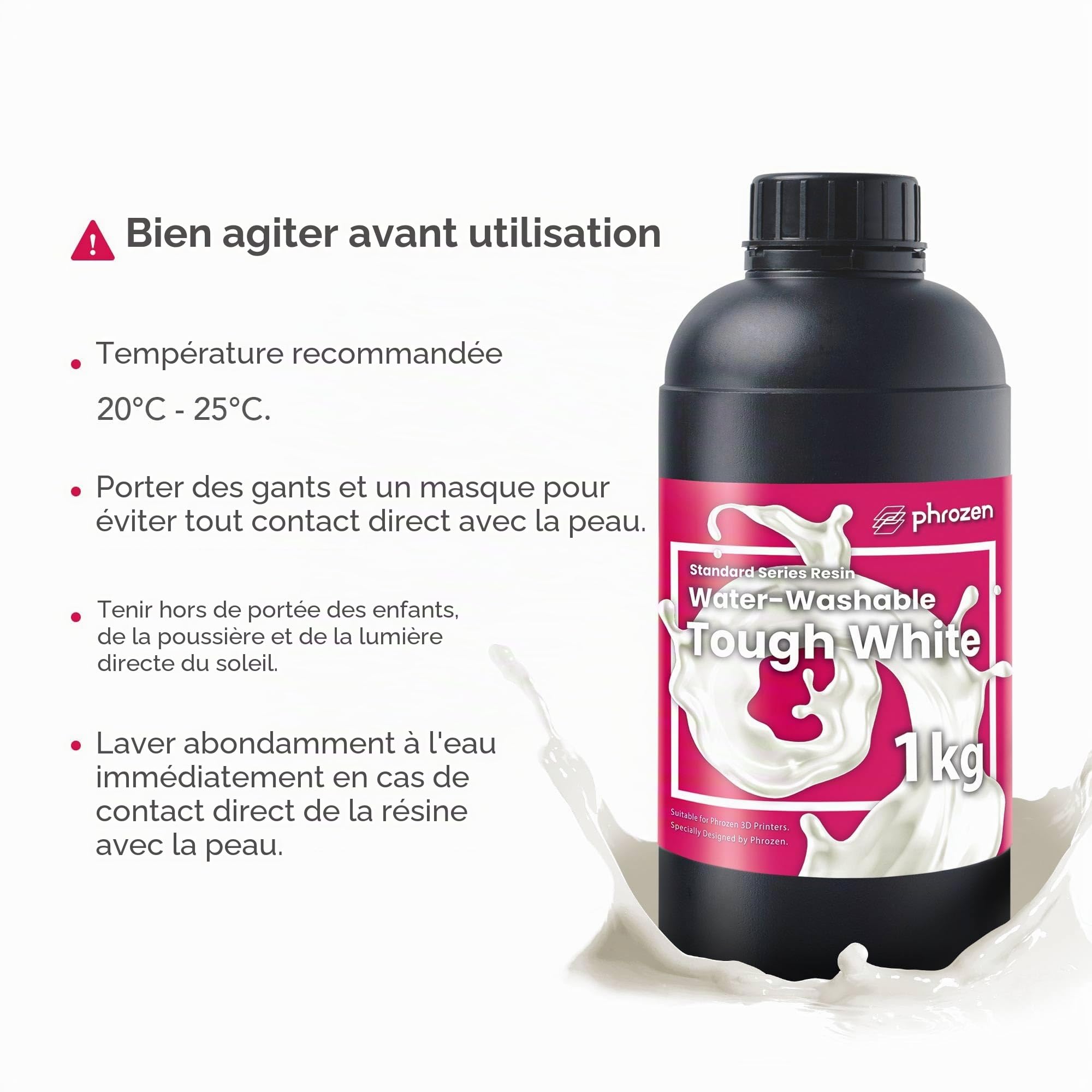 Phrozen Tough Resine Lavable à l'Eau | 405 nm UV Photopolymère Resin pour impression 3D LCD/DLP/SLA | Faible Odeur, Résistance Durable - Blanc (1kg)