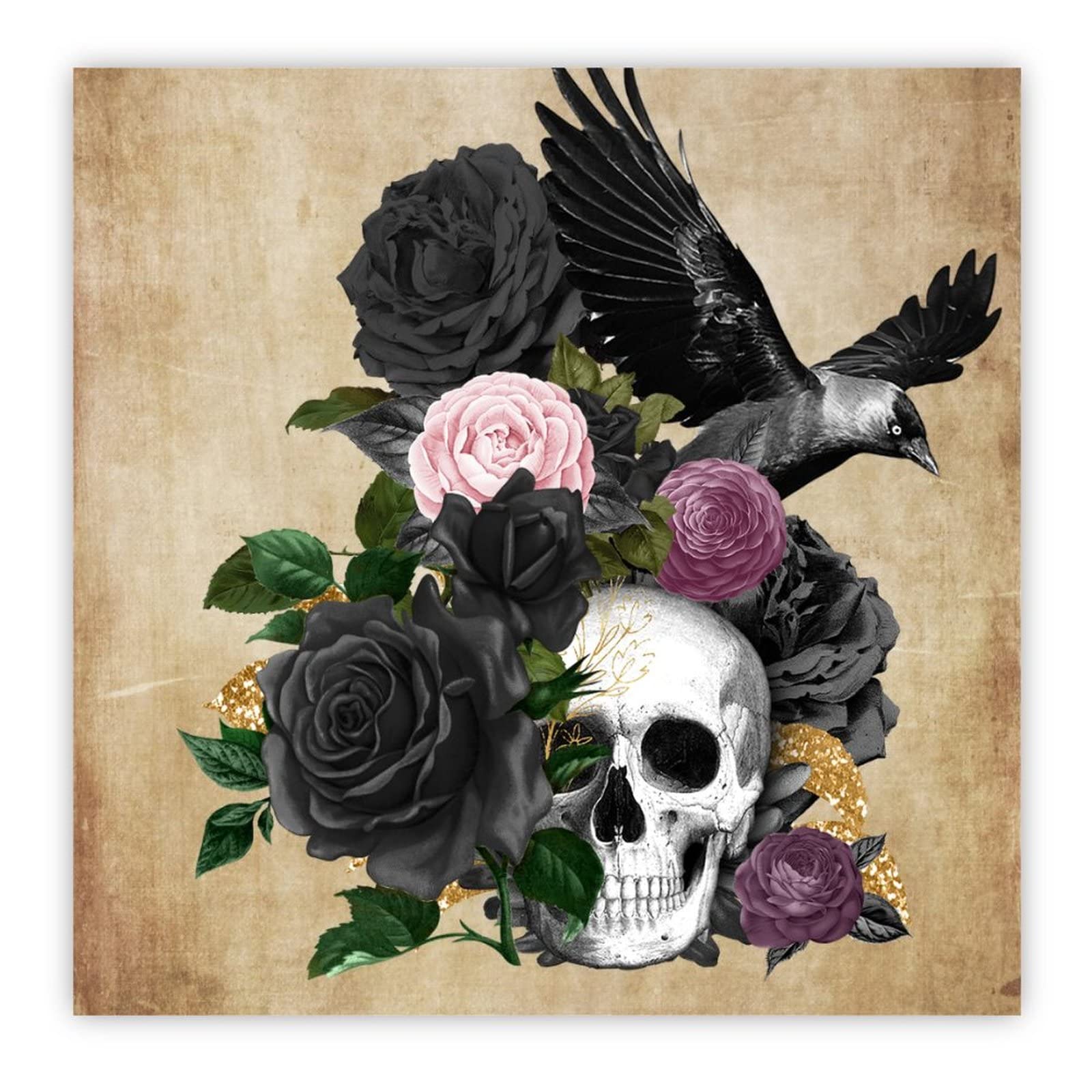 Décoration murale salon élégante avec ce panneau bois corbeau sur crâne rose noire Halloween