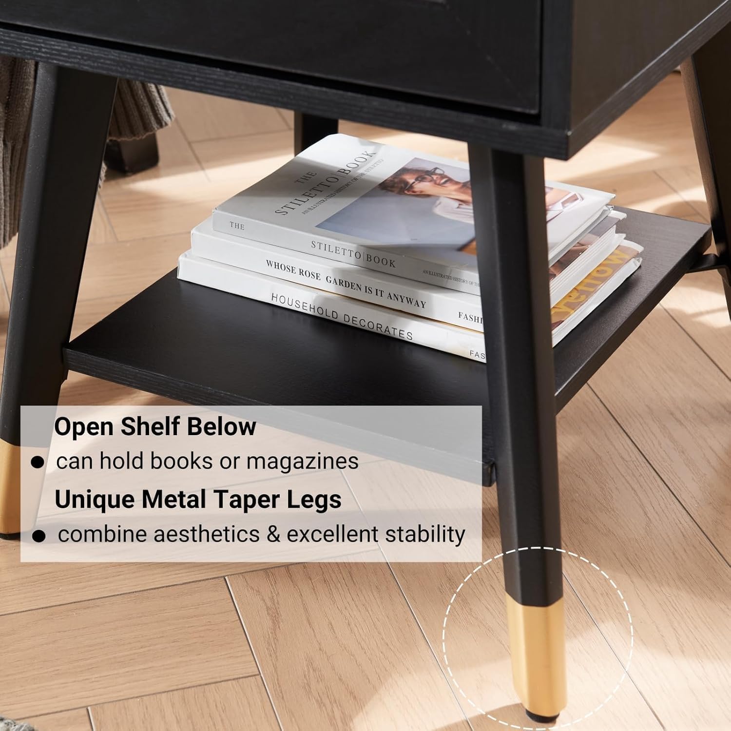 Mid Century Modern End Table with Charging Station, Small Side Table Nightstand with USB Ports & Outlets, Storage Drawer & Open Shelf, Black Boho Wood Table for Living Room, Bedroom, Office,Set of 2