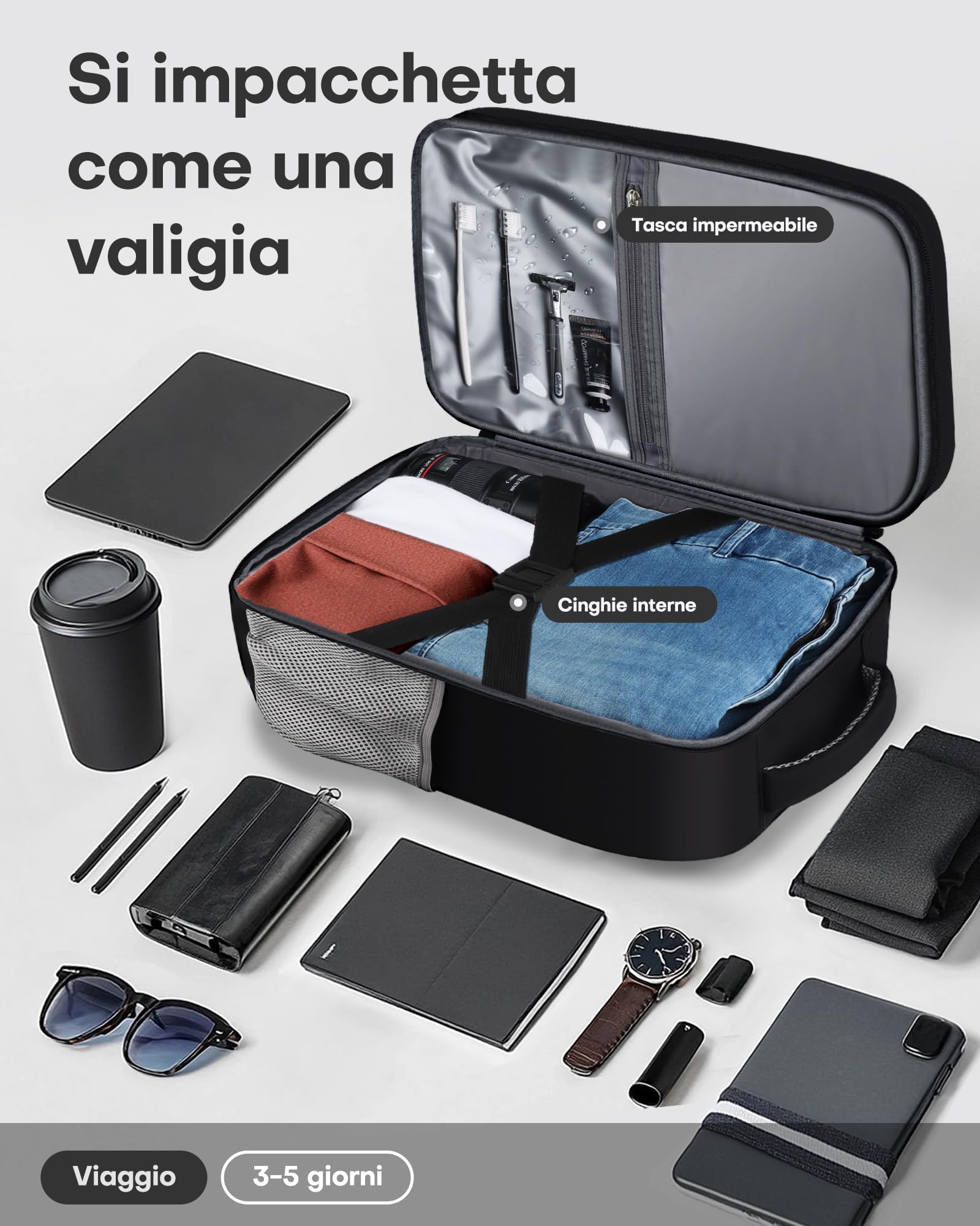 HOTOR Zaino Ryanair 40x20x25 - Zaino da Viaggio Porta PC di Grande Capacità, Multi-Tasca, Bagaglio a Mano Compatibile Ryanair per Uomo e Donna, per Pendolarismo, Viaggi in Aereo e Trekking, Nero