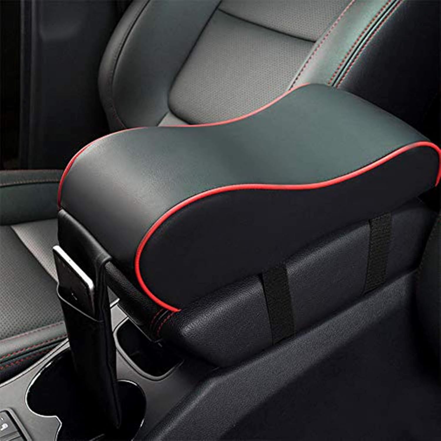 Car Armrest Cushion,Memory Foam Arm Rest for Car,Center Console Armrest with Phone Holder Storage Bag Universal Fit for Most Car (Black Red)