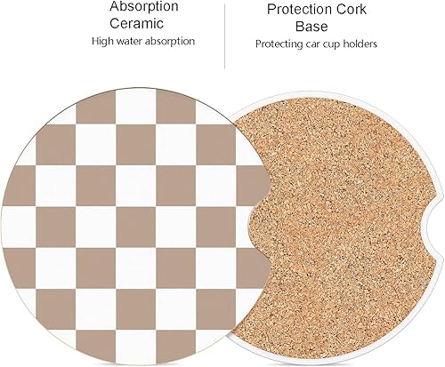 Miniatura 5 de Portavasos de cerámica de tablero de ajedrez marrón para automóvil, juego de posavasos absorbentes para interior de automóvil estético, accesorios