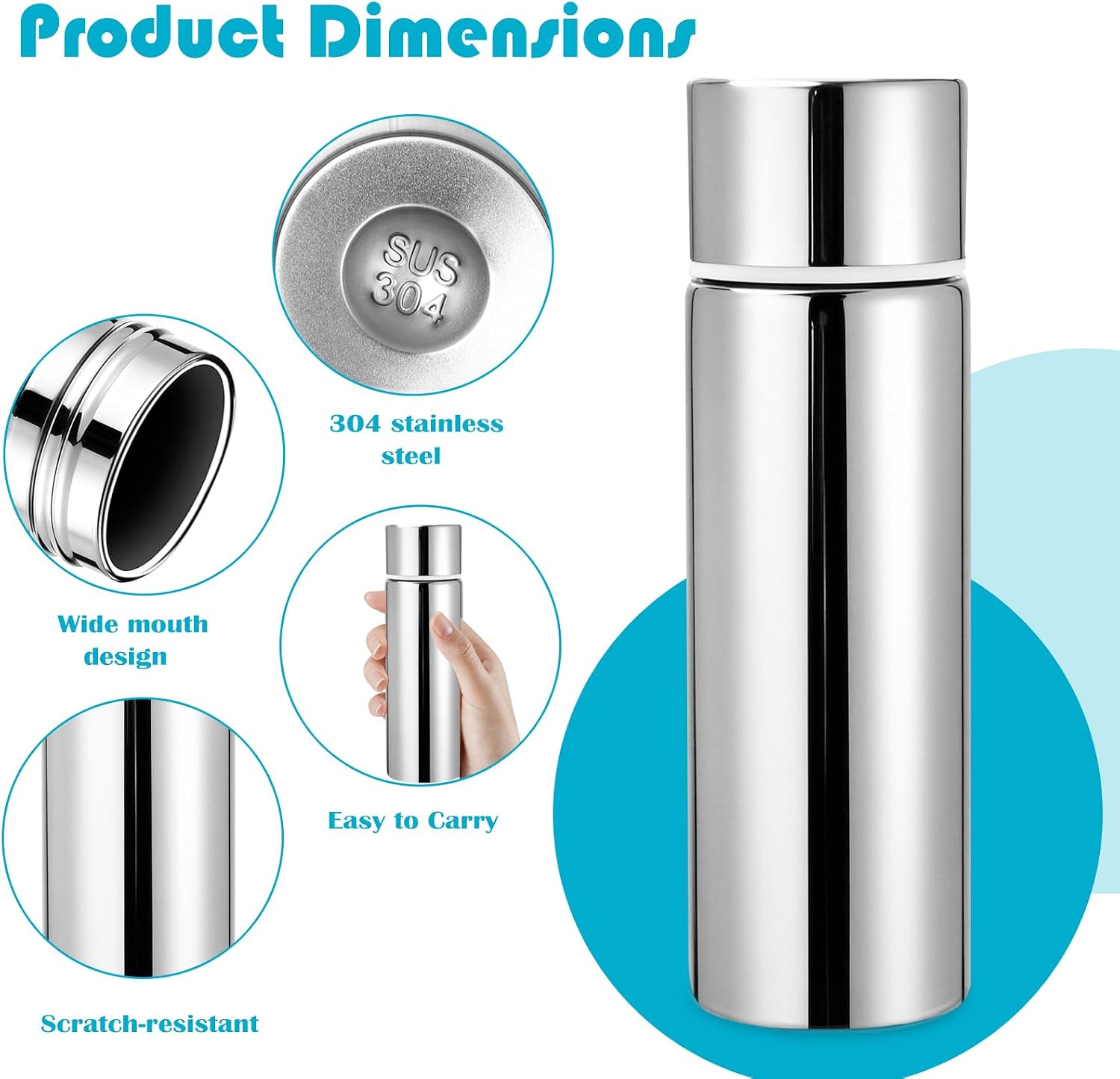 4 Pack Cute Small Water Bottle, 4.4 oz Stainless Steel Insulated Purse Bottle, Leak-proof Hot Cold Drink Flask for Women Kids Travel(White, silver, matte blue, matte black)