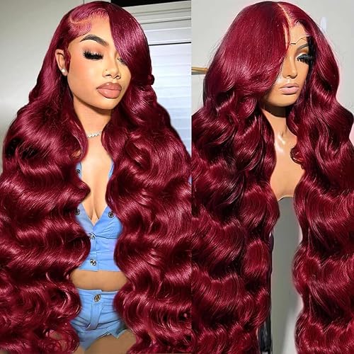 30 Inch 99J Burgundy Wig Human Hair 13x6 Body Wave Lace Front Wigs 180% Density Red Wine Glueless Wigs Pre Plucked for Women