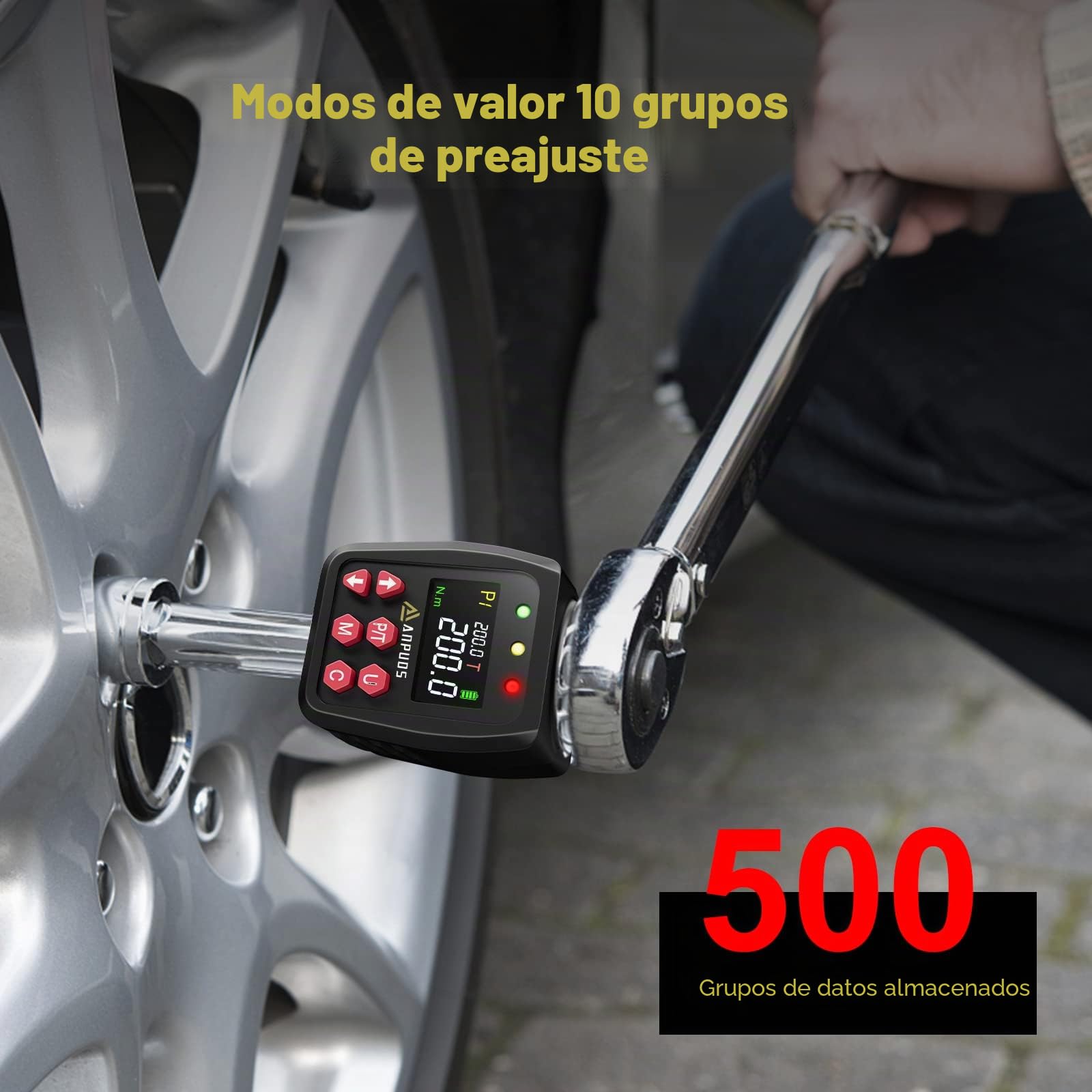 ANPUDS Llave Dinamométrica Digital, 1/2" Adaptador de par Digital 10-200Nm, Alta Precisión ±1%, Memoria Preestablecida, Zumbador e Indicador LED con Adaptador de 1/4" y 3/8" para Coche, Moto