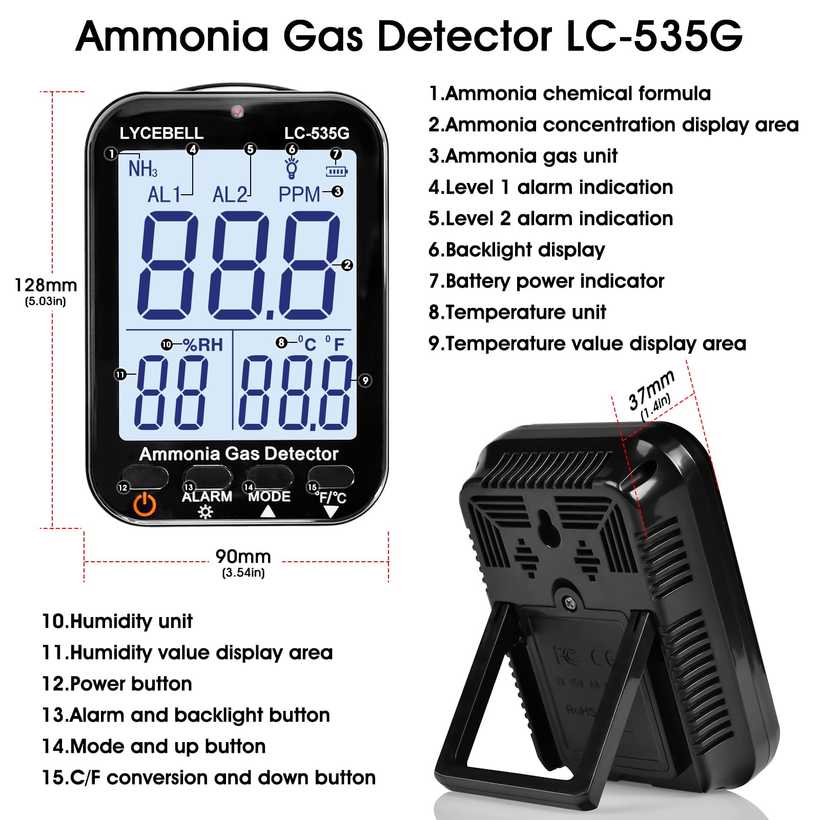 Rilevatore di gas ammoniaca 535G, monitor NH3 0-100ppm con doppio allarme, rilevatore di perdite di gas portatile ricaricabile per fattoria/industriale/casa, display temperatura e umidità