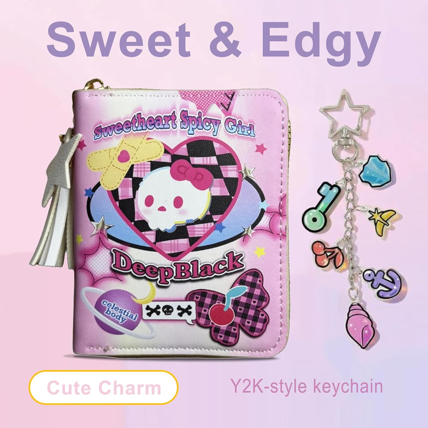 Keychain Wallet for Women, Zipper Wallet Card Slots, Credit Card Holder Mini Wallet with Sweetheart Skull Cute Wallet with Star Tassels and Acrylic Pendant Charms