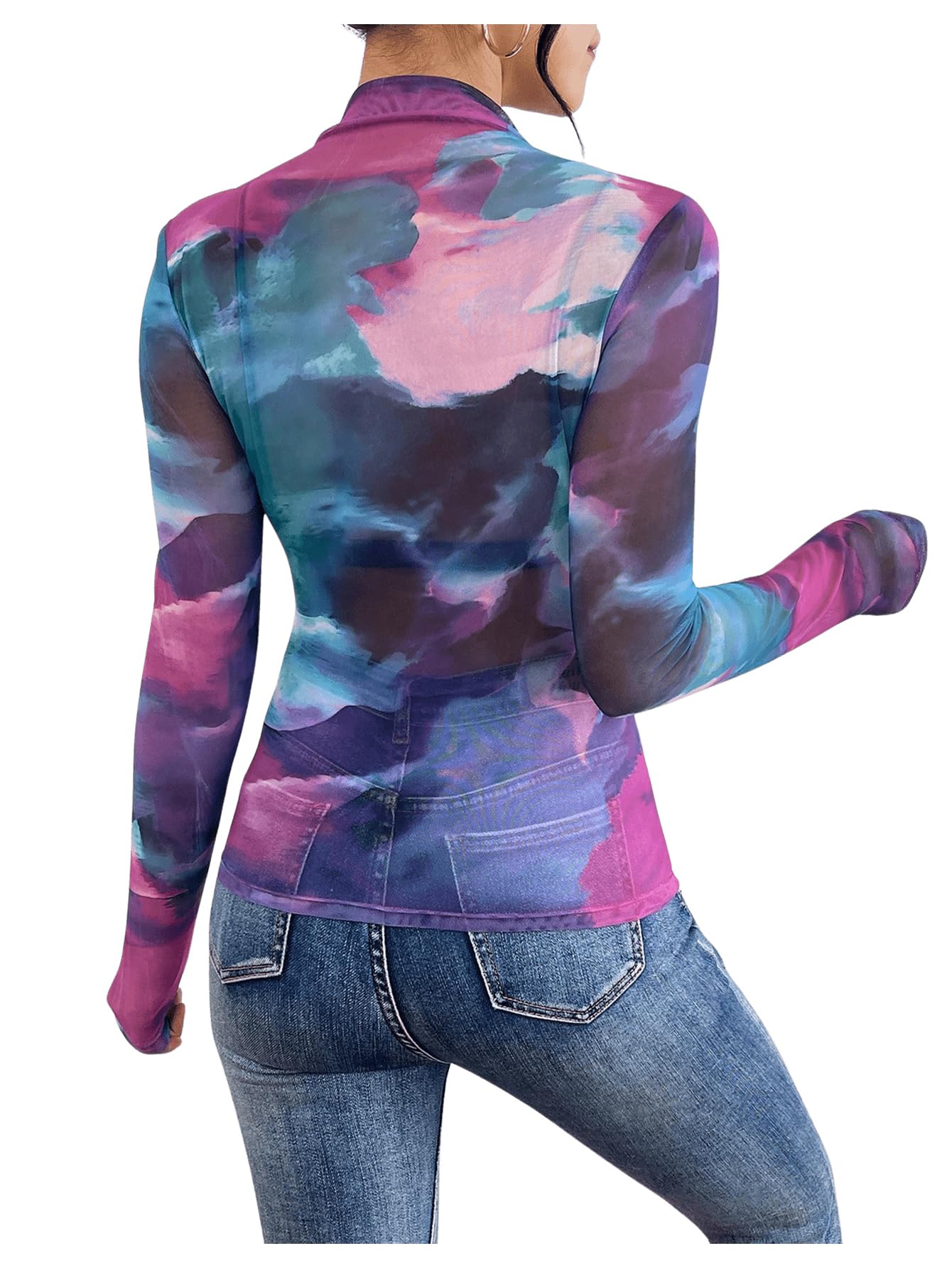 GORGLITTER Damen Mesh Oberteil Bunt Durchsichtig Batik Netzshirt Langarm Party Tops Herbst Outfits Langarmtop