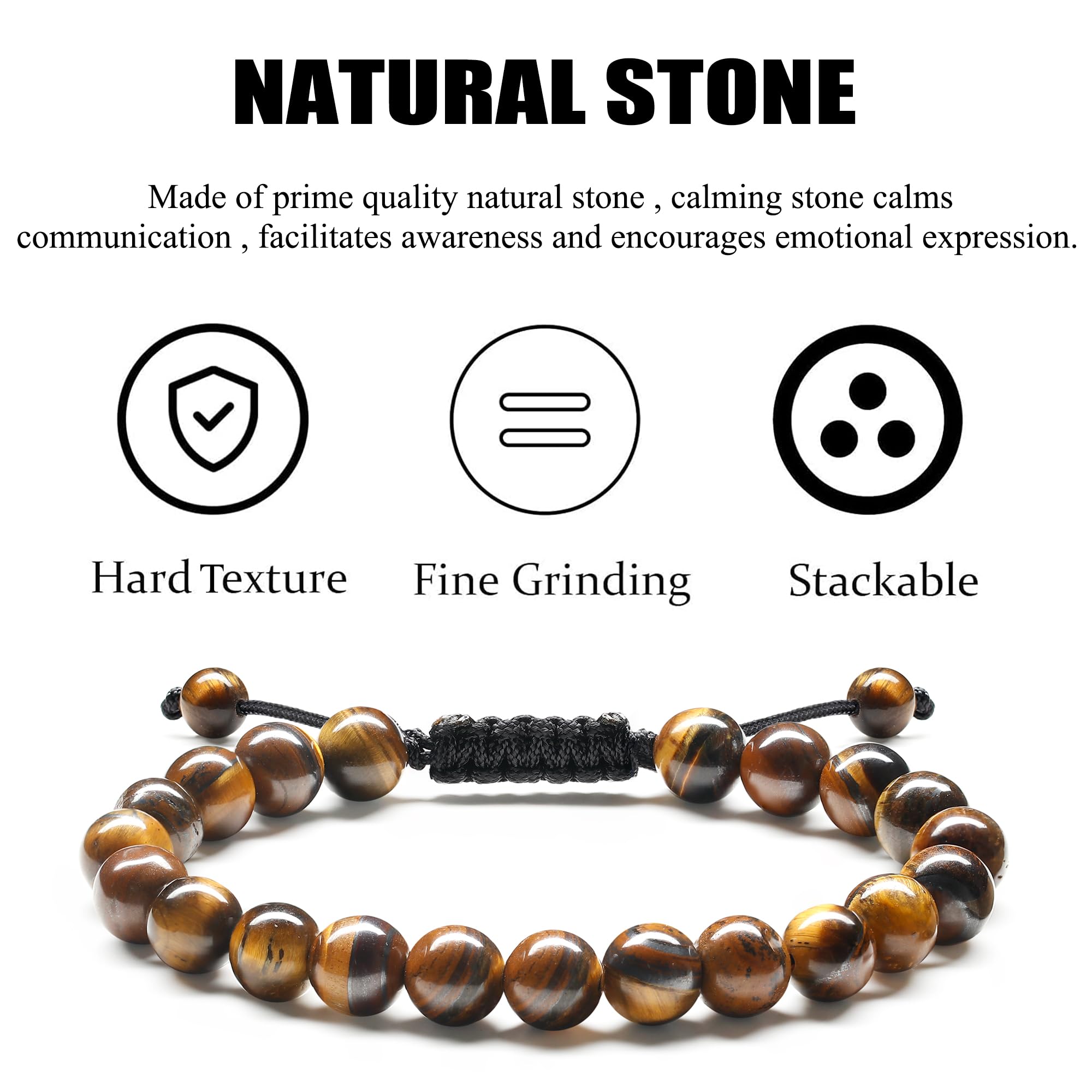 ADRAMATA Bracciale Uomo Bracciale Pietre Naturali 8MM Pietra Ossidiana Bracciale Occhio di Tigre Braccialetti con Perline Regolabili Set di Bracciali Uomo Fatto a Mano Gioielli Uomo Regali per Uomo