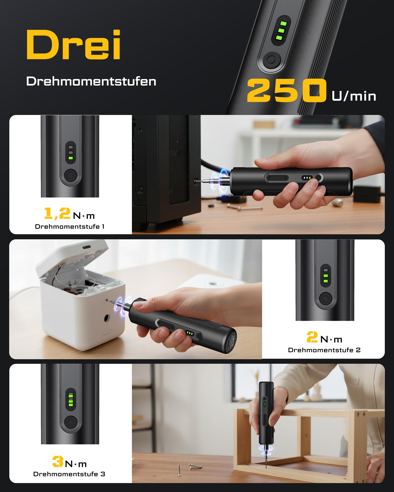 MrToNo Destornillador eléctrico, juego de destornilladores inalámbricos, 3 niveles de torsión, batería de 1500 mAh, 33 puntas magnéticas, luz LED, herramienta recargable para muebles, bricolaje