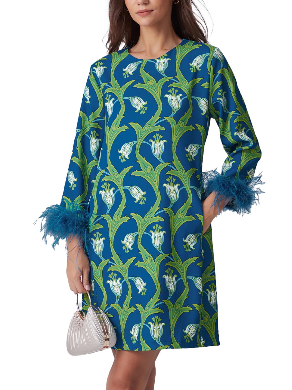D-Sun Women Feather Dress Round Neck Casual 3 4 Feather Sleeves Party Dress Elegant Wedding Guest Cocktail Mini