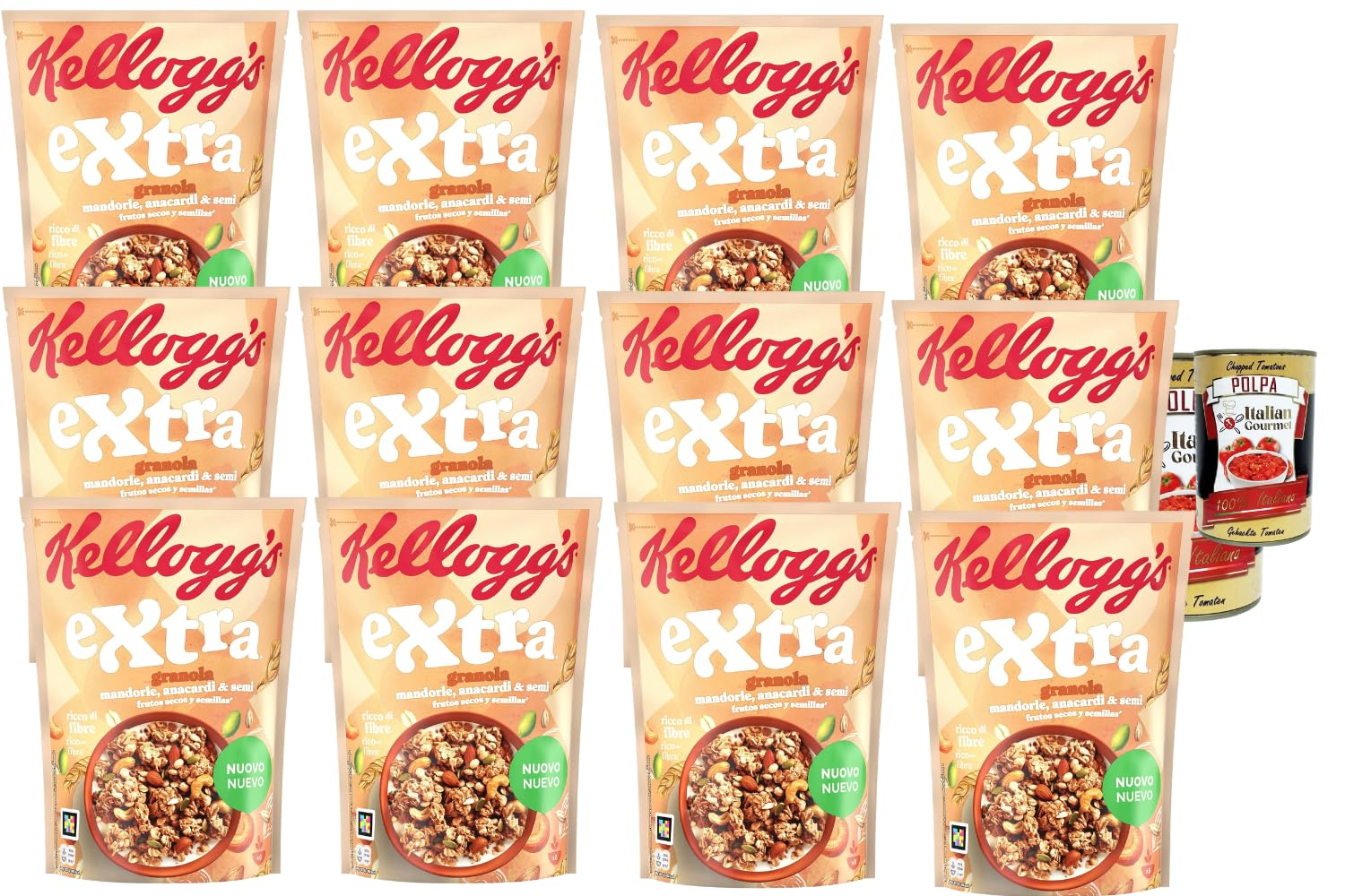 Italian Gourmet Bundle Extra Granola Mandeln Cashews & Samen 12x 375g + Italian Gourmet Polpa Gratis – Knuspriges Frühstücks-Müsli mit Nüssen und Saaten, Granola für Milch, Joghurt, Bowl