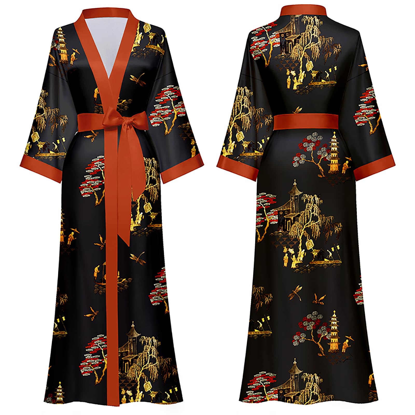 VINMASS 女性 豪華 Robes アイス シルキー 長 V 首 ナイトドレス ソフト ネグリジー サテン パジャマ 軽量 ナイトウェア ラウンジ kimono バスローブ ナイトガウン, プラスサイズ Free size Black with Red Trim
