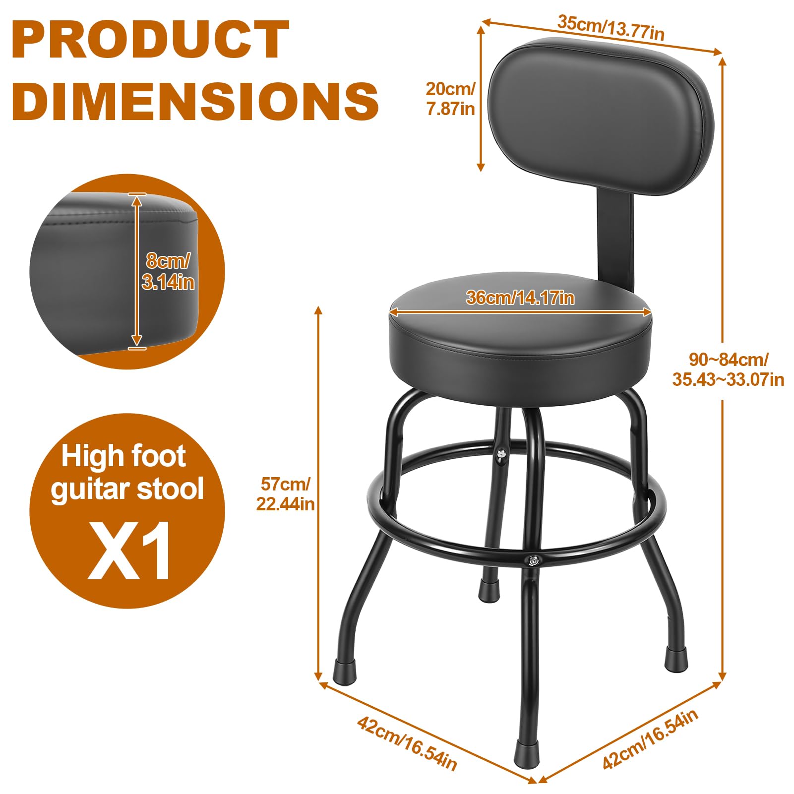 Gitarrenhocker mit Rückenlehne und Fußstütze – 360° drehbarer Barhocker, ergonomischer Gitarrenstuhl – Ideal für Akustikgitarre, E-Gitarre & Bass – Für Zuhause, Tonstudio & Bühne (Schwarz-1)