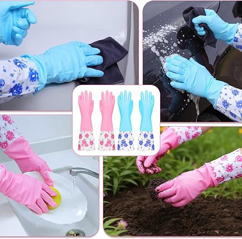 Miniatura 7 de 2 pares de guantes de limpieza de goma para el hogar, cocina, lavavajillas, guantes de puño largo con forro flocado de algodón, reutilizables,