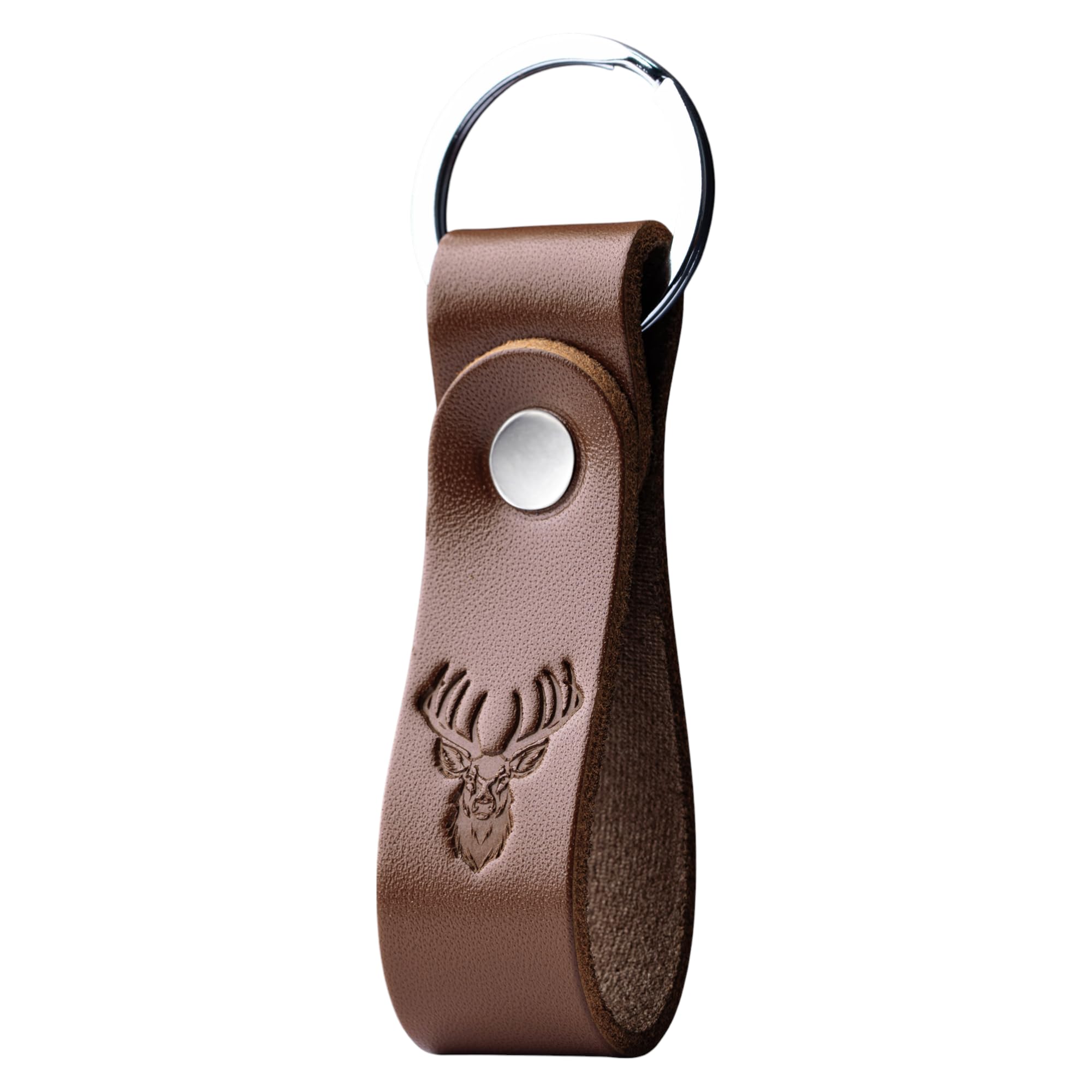 MAGOR Leather Keyring with Hot Embossed Design for Men & Women, Personalised Brown Leather Key Ring Gift for Him, Her, Mum & Dad, Premium Accessory for Car or Home Keys (Deer)