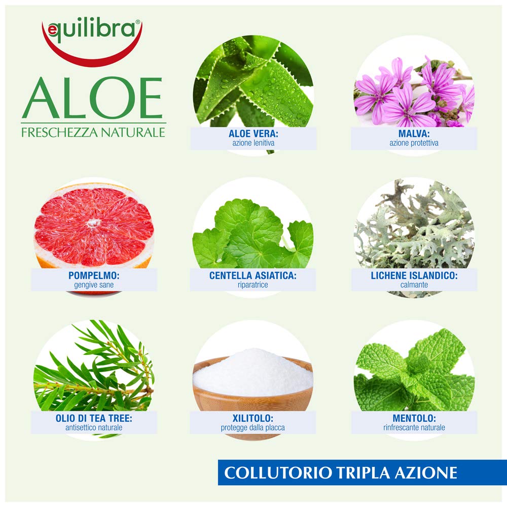 equilibra Igiene Dentale, Aloe Collutorio Multiattivo, Collutorio a Base di Aloe Vera dal Delicato Gusto Menta, Xilitolo e Mentolo per un Alito Fresco, Aiuta a Proteggere da Carie e Tartaro, 500 ml