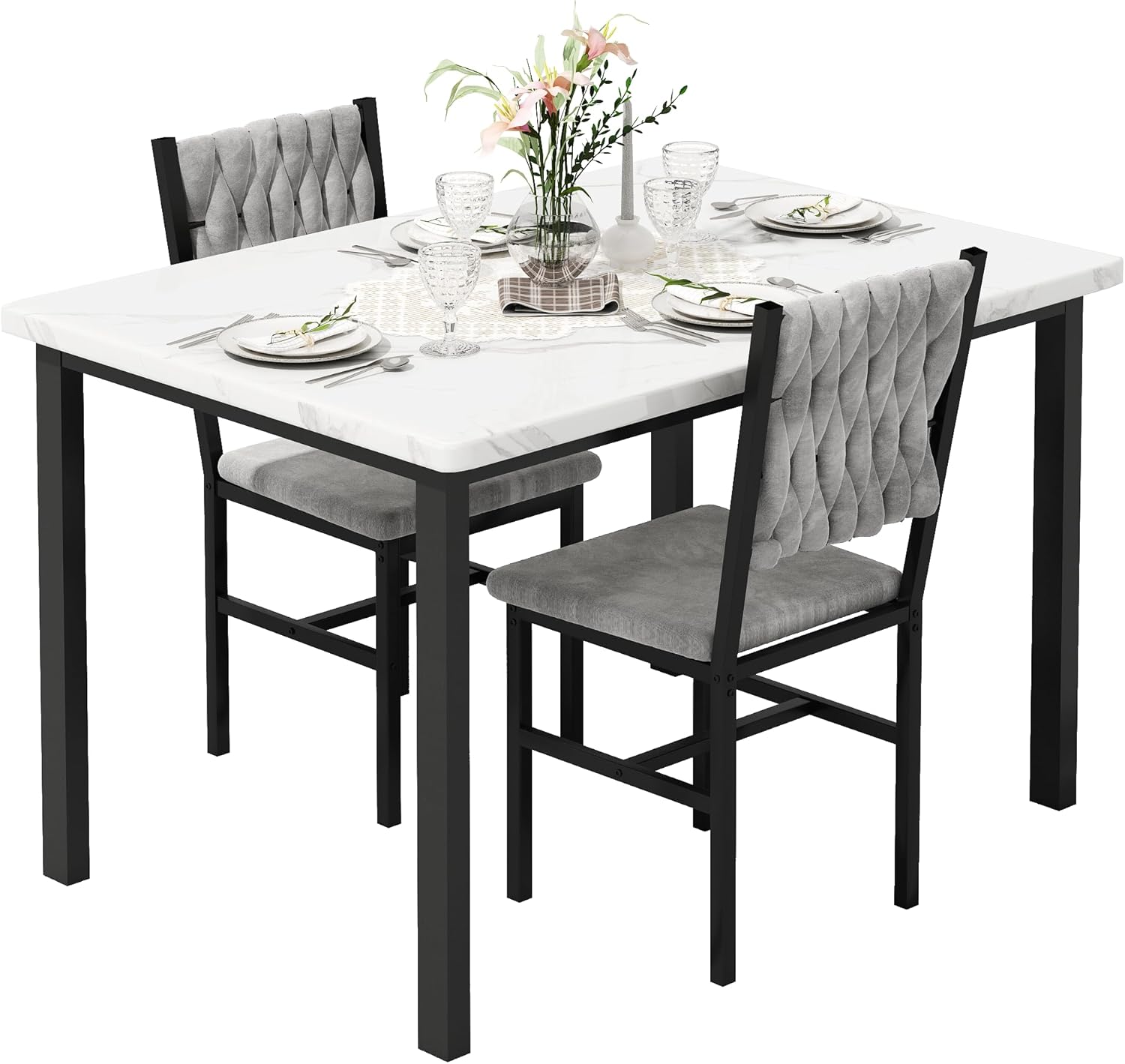 AWQM 3 Piece Dining Table Set for 2, Small Kitchen Dining Table with Upholstered Chairs, Compact Dining Table Set for Small Spaces, Space for Dining Room, Living Room, Apartment (White+Gray)