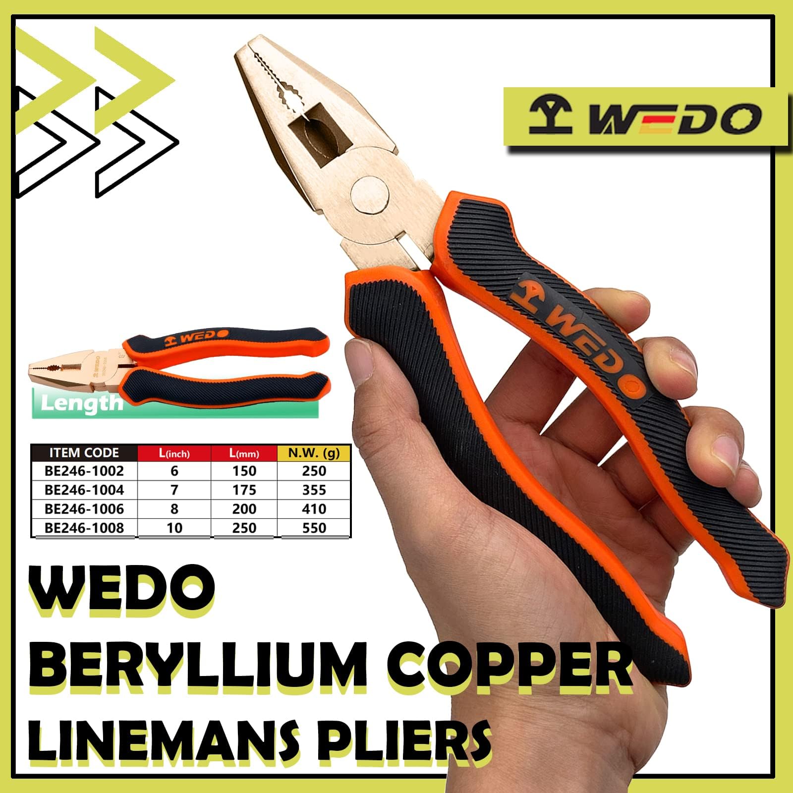 WEDO Lineman - Alicates de corte lateral de seguridad sin chispas (15,2 cm)