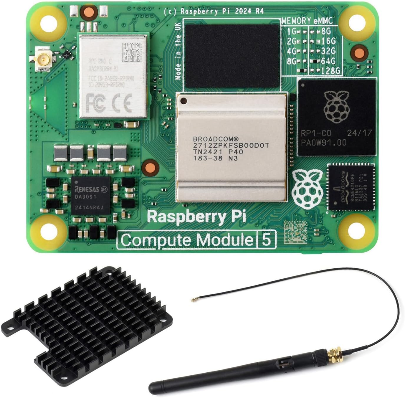 Waveshare CM5 Pi Compute Module 5，Comes with an Official Raspberry Pi CM5116064 (with Wireless, 16GB RAM, 64GB eMMC Flash), an Antenna Kit and a HEATSINK. (3 Items)