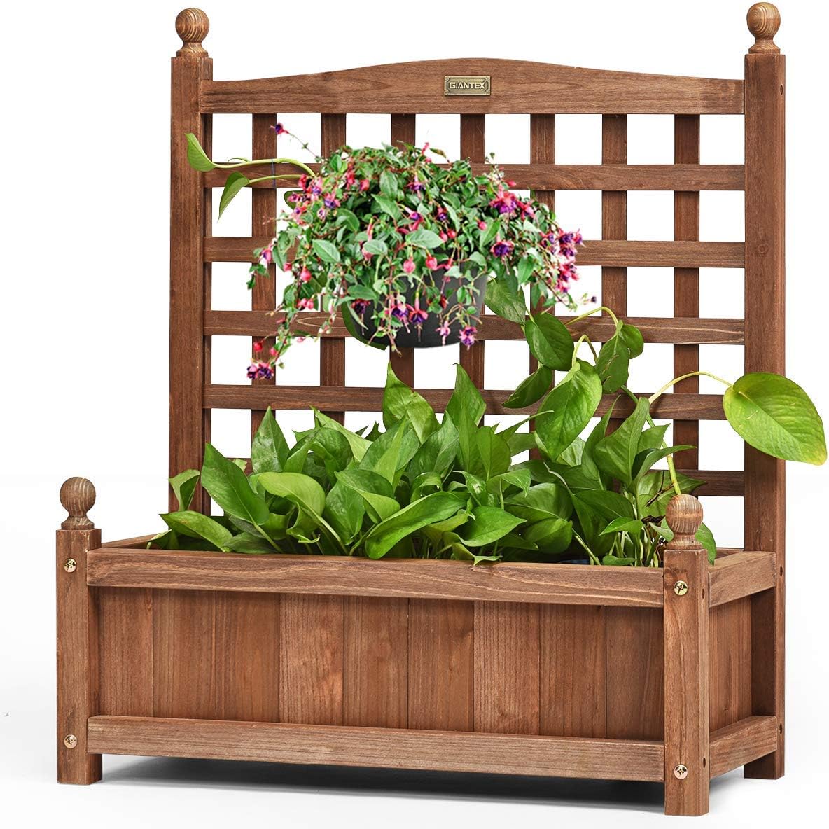 Giantex Wood Planter Free Standing Plant Raised Bed with Trellis for Garden or Yard (25’"Lx11 Wx30 H)