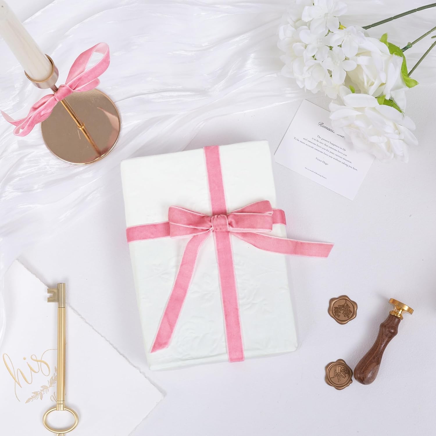 QIANF Vintage Peach Pink Velvet Ribbon Christmas Ribbon for Gift Wrapping Crafts Christmas Tree Ornaments Garland Decorations, 5/8 Inch X 25Yd image 3