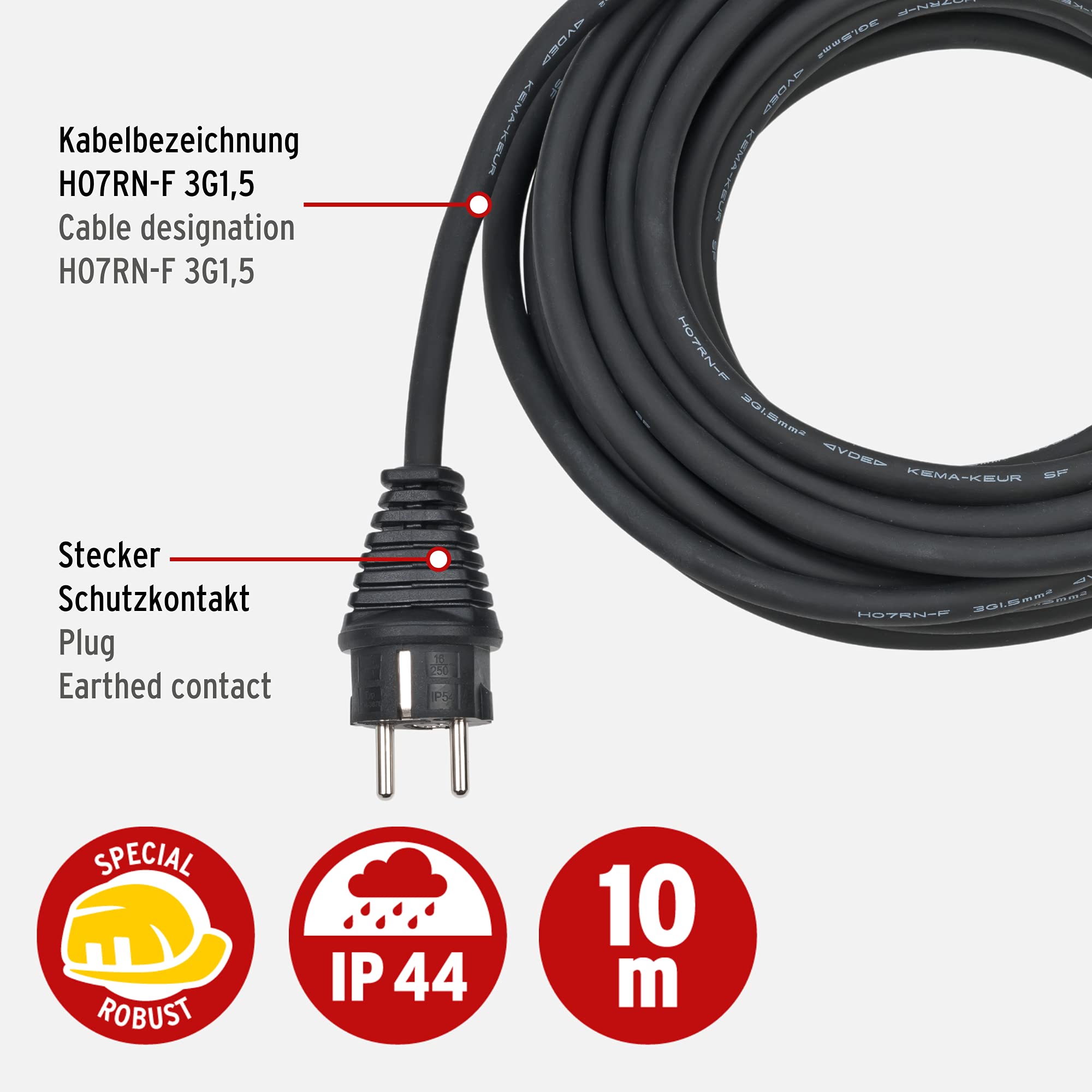 Brennenstuhl Baustellen-Verlängerungskabel IP44 (10m Kabel, H07RN-F 3G1,5, für den Außenbereich und den Einsatz auf Baustellen) schwarz