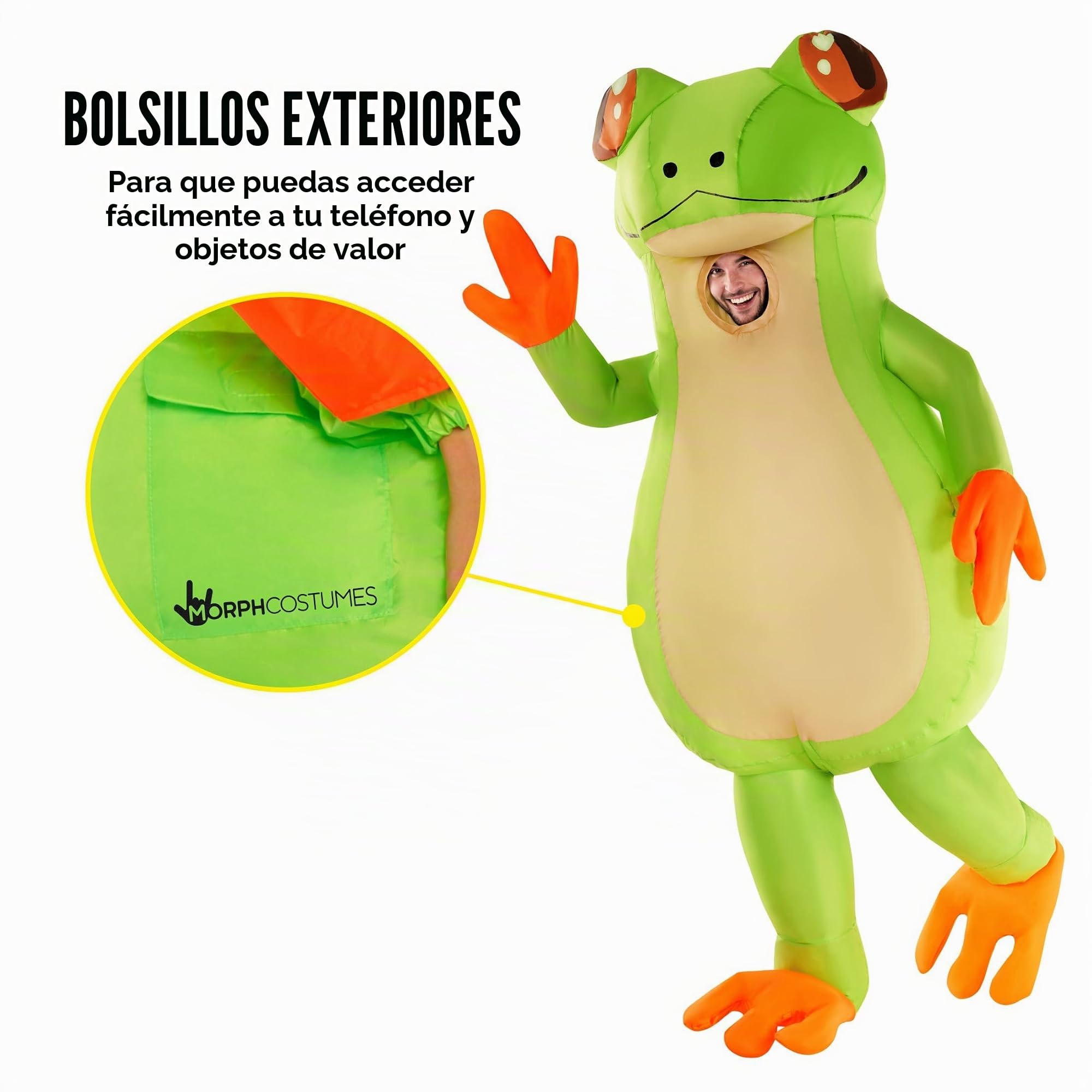 Morph Disfraz Rana Hinchable Adulto, Disfraz Halloween Adulto | Mono Hinchable, Ventilador & Caja de Pilas, Rana Gigante, Se Infla en Segundos, Perfecto para Halloween, Siempre un Éxito
