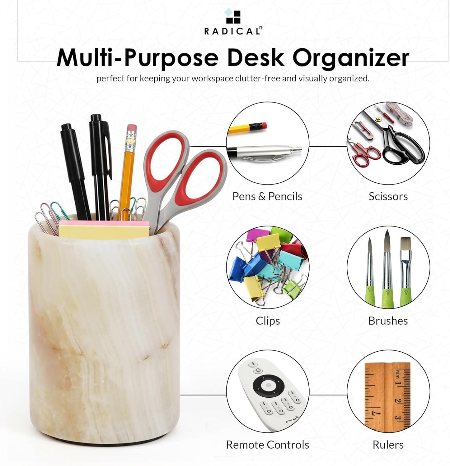 Radicaln Marble Pen Holder For Desk 4" Inches White Onyx Handmade Makeup Brush Cup for Girls, Bathroom Tumbler Cup, Durable Office & Home Organizer Pencil Holder
