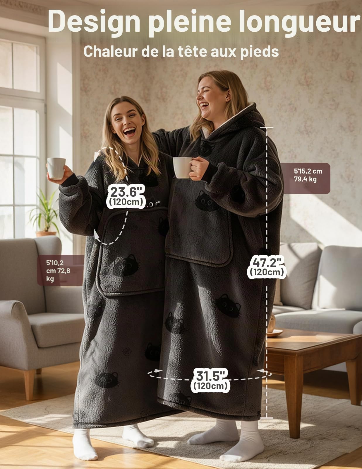 Mewaii Couverture à Capuche, Grande Poche, Lavable | Longueur Chevilles, Poche Téléphone Cachée, Lavable, Cadeau Douillet pour Femmes