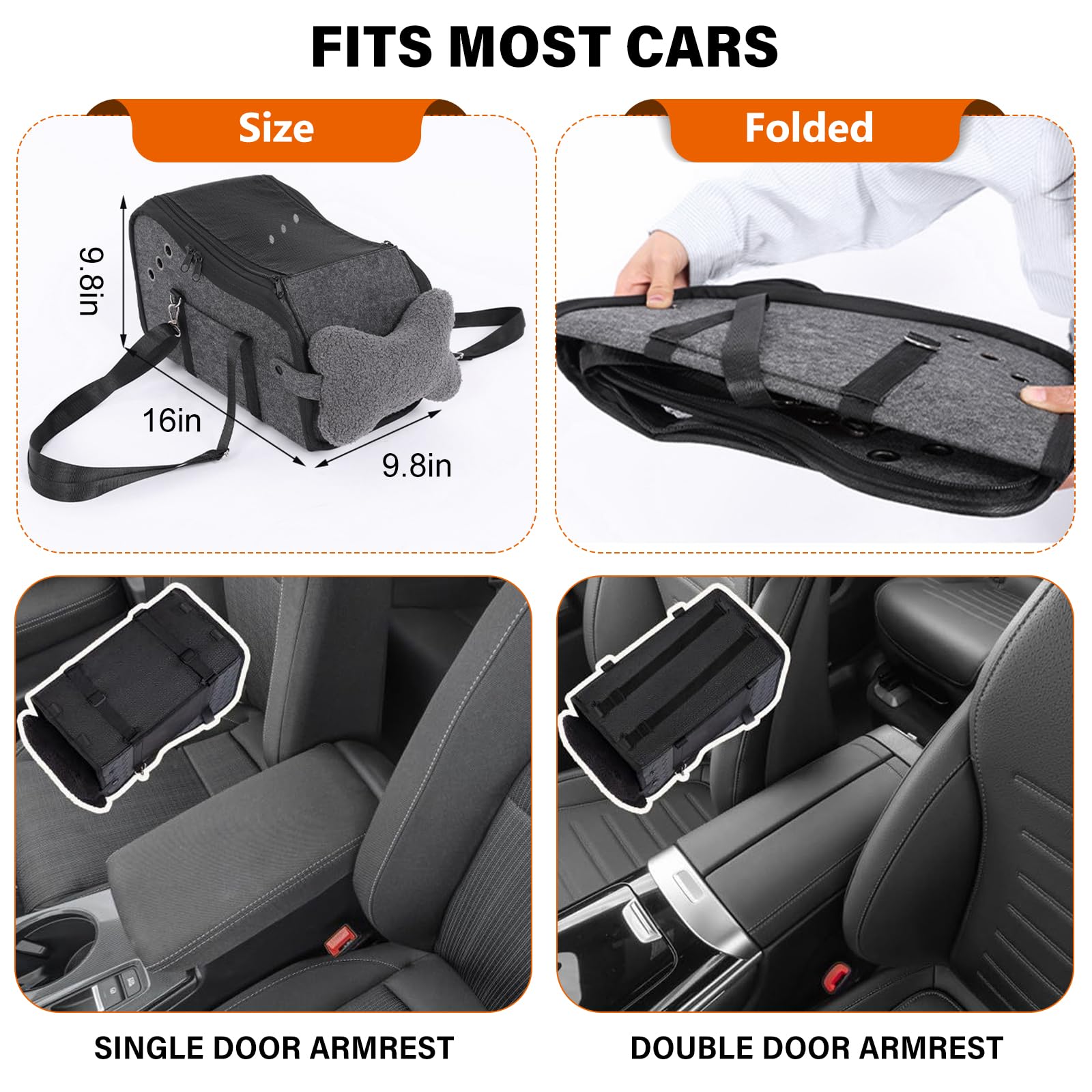 Hunde Autositz für kleine Hunde, Hundeautositz Hundesitz Auto Mittelkonsole mit Sicherheitsgurt, Verstellbarem Weichen Kissen, Tragbarer Hundebett Auto für Kleine Haustiere (B)