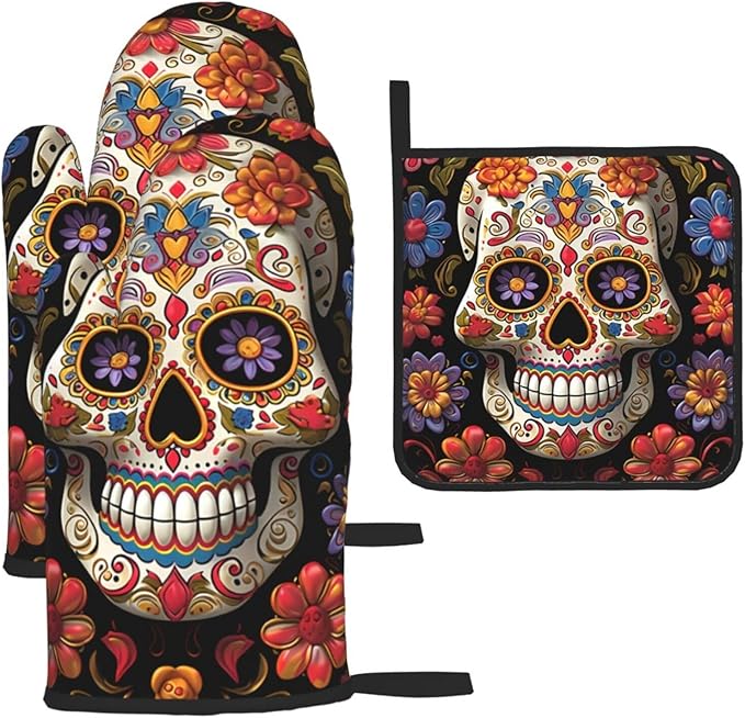 Oven Mitts and Pot Holders Set 3 pcs Kitchen Oven Glove Sugar Skulls Oven Mitt Heat Resistant Oven Glove for Cooking Non-Slip Cooking Gloves Washable Potholders for Baking BBQ