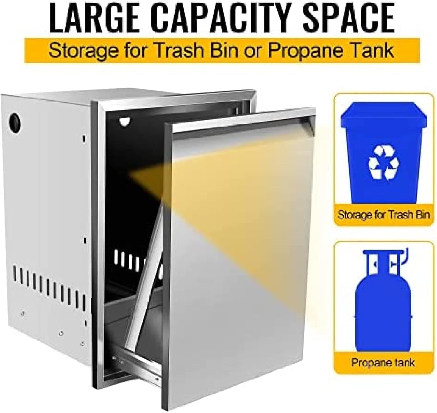 AHLOKI Pull-Out Double Trash Drawer Stainless Steel Outdoor Kitchen Trash Drawer Storage for 10 Gallon Commercial Wastebaskets,17W X 23H X 16D Inch