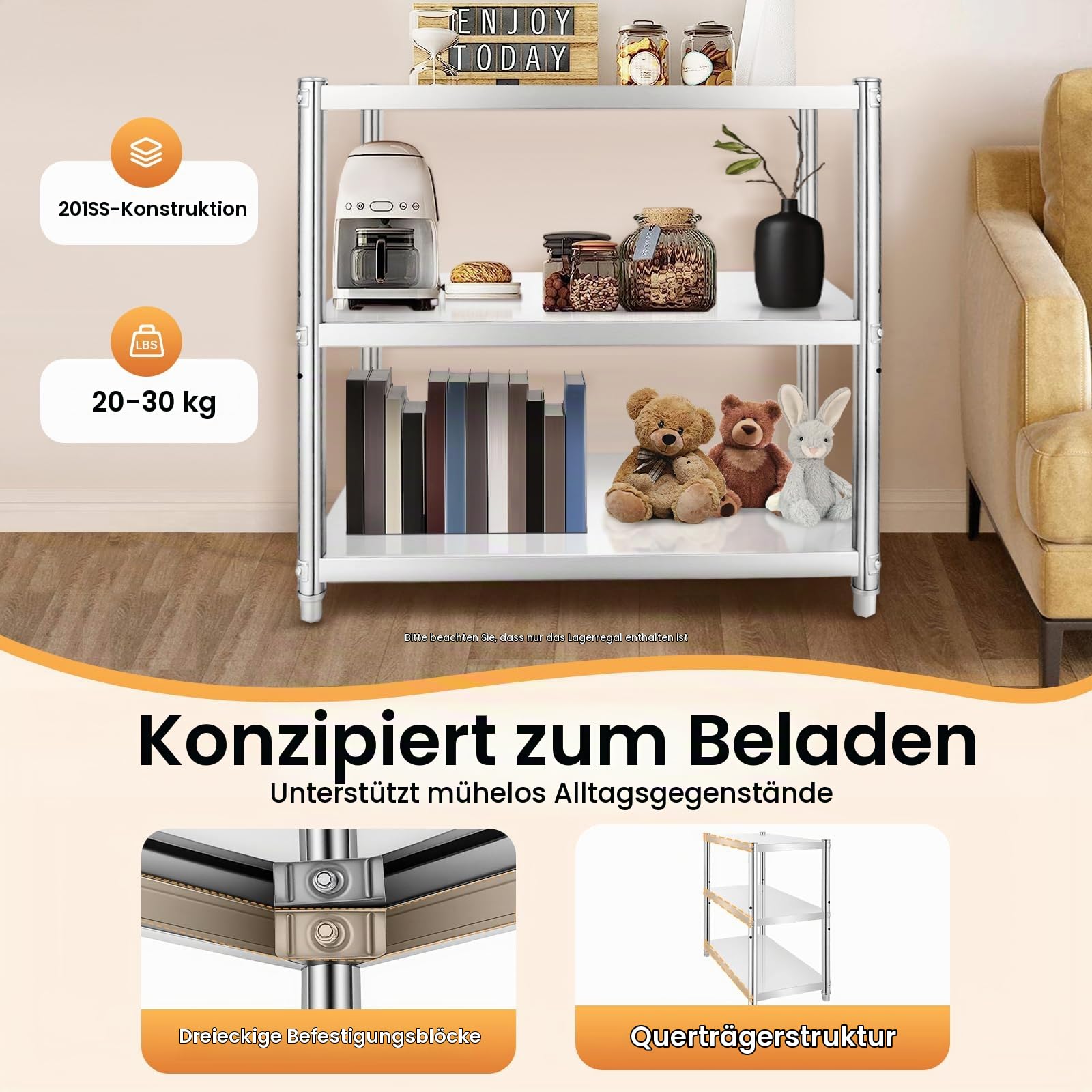 3 Ebenen Regal Küche, 201 Edelstahl Metall Schwerlastregal mit Rollen, Abstellraum Regal 80 x 40 cm Outdoor Höhenverstellbares für Küchen, Restaurants