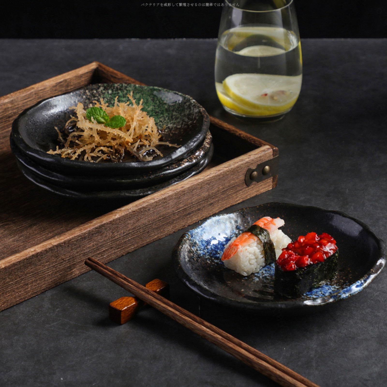 Keramik-Essteller-Set, 7 Zoll-unregelmäßige Form-Geschirr-Sushi-Snack-Teller, 4er-Set, Kratzfest, Geriffeltes Porzellan, Geeignet für Steak, Pasta, Pizza, Zuhause, Party, Restaurant,Green