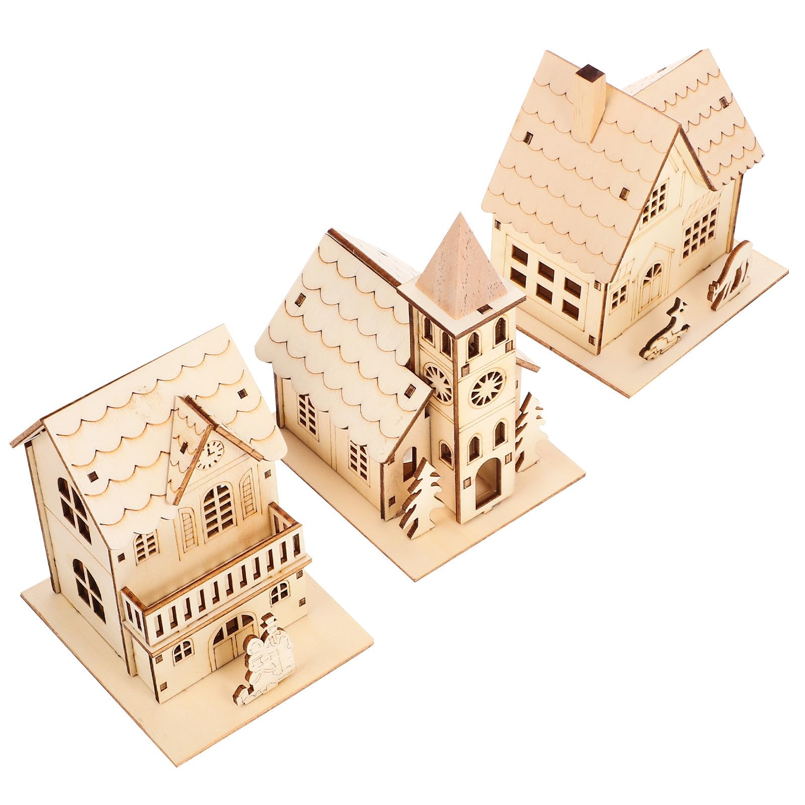 Alasum 3 Piezas Adorno Navideño de Madera Iluminación Suave para Decoración de Casa en Bar o Restaurante, Casita Miniatura Estructura Exquisita y Batería de Botón
