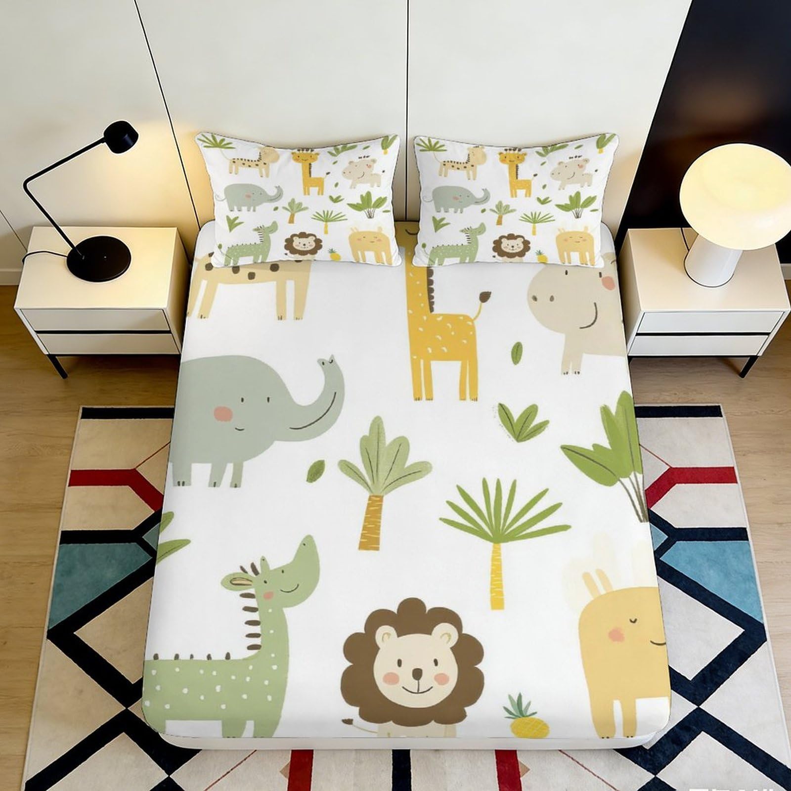 3D Printed Safari Animals Fitted Sheet Microfiber Soft Anti-Slip Jungle Wildlife Mattress Cover for Bedroom Guest Room Decor 180x200x25cm