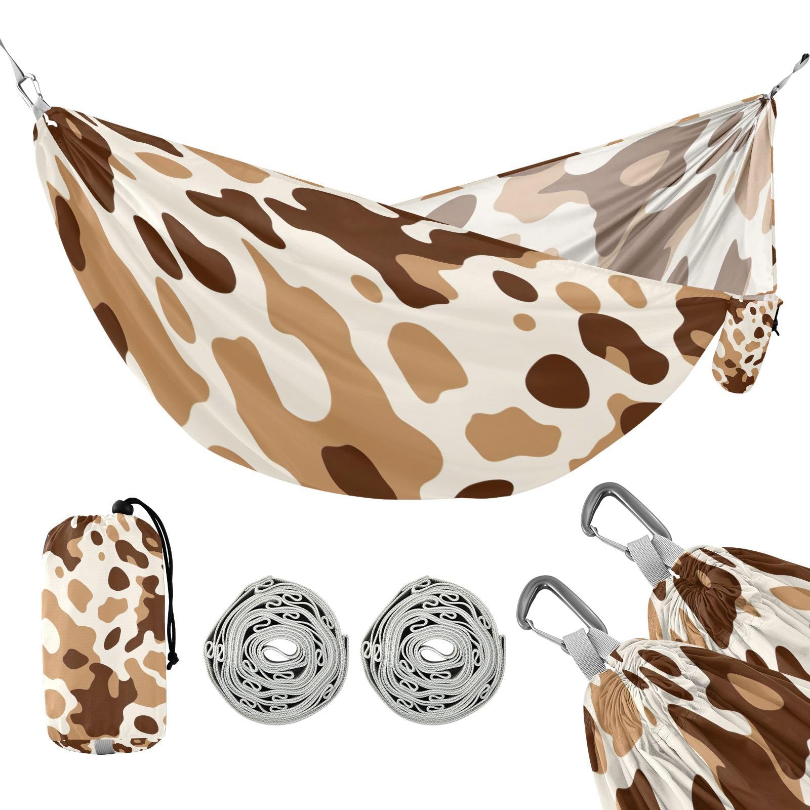 Haskirky Cow Print Camping Hammock, Single Portable Hammocks with Tree Straps & Attached Carry Bag, 330Lbs Capacity Perfect for Outside Indoor Hiking Beach Backpack Travel