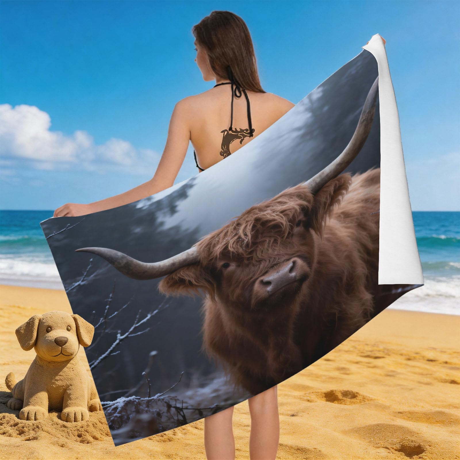 Leichong 3D Highland Cow Beach Towel Large Microfiber Soft Quick Dry for Adults, Woods Bath Towel Lightweight Soft Absorbent for Travel Swimming Pool Sports, 80 x 160 cm