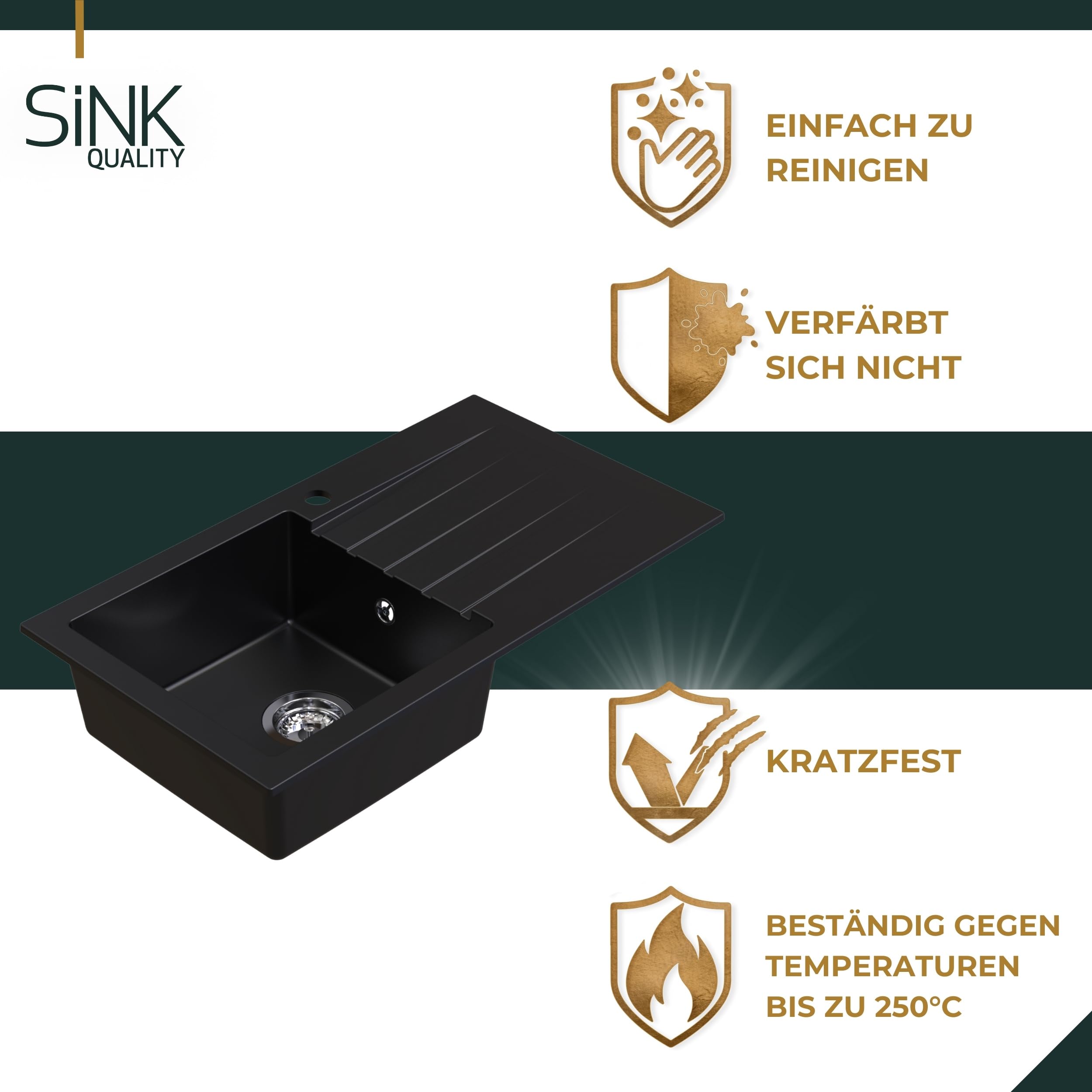 SINK Quality zlewozmywak kuchenny z ociekaczem – zlewozmywak czarny 80 x 46 cm – w zestawie syfon i środki impregnujące – zlewozmywak do zabudowy do szafki pod umywalkę 55 – zlewozmywak granitowy