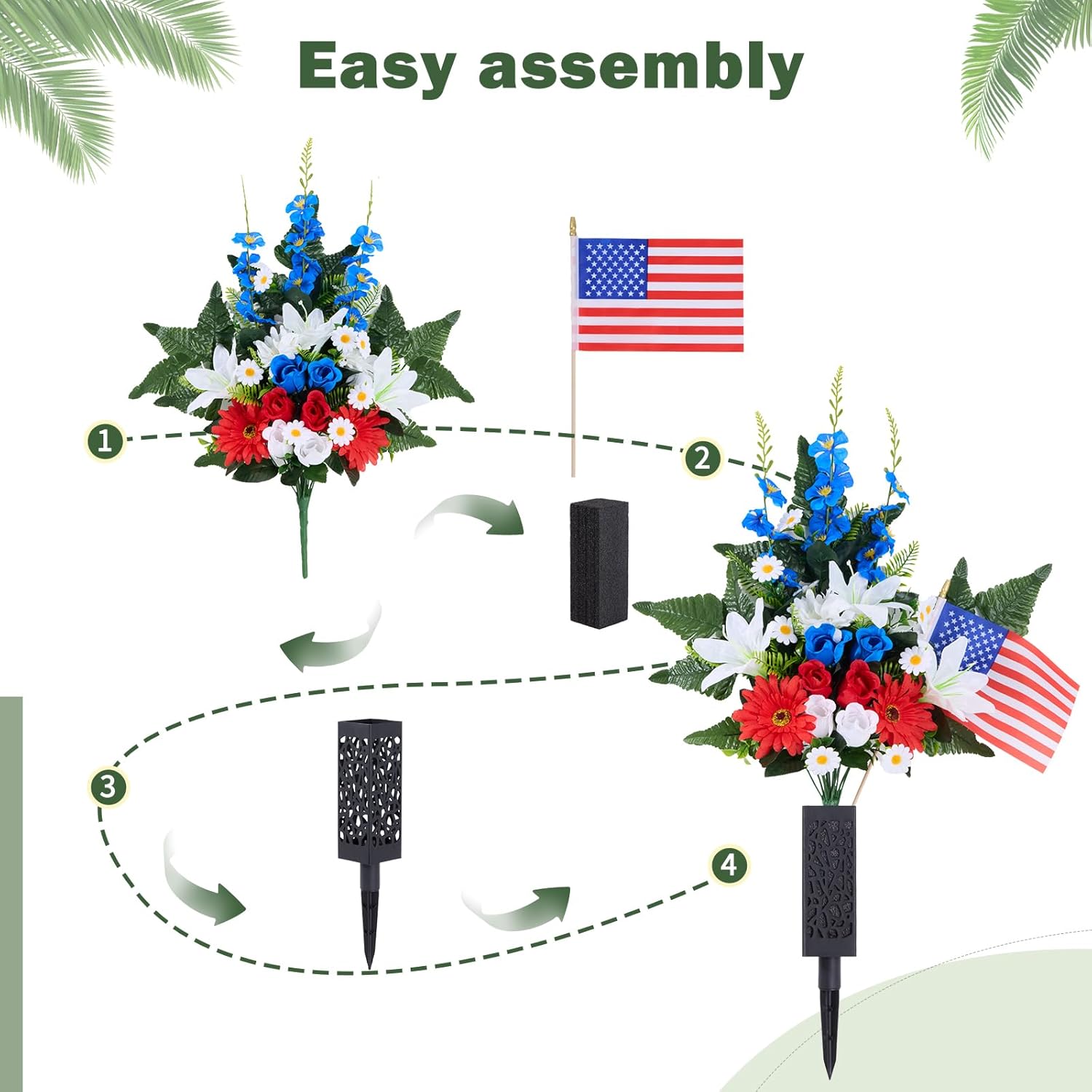Memorial Day Flowers for Cemetery, 16-Head Flowers Upgraded Artificial Patriotic Cemetery Flowers for Grave, Grave Decorations for Cemetery, Red White Blue Roses with American Flags